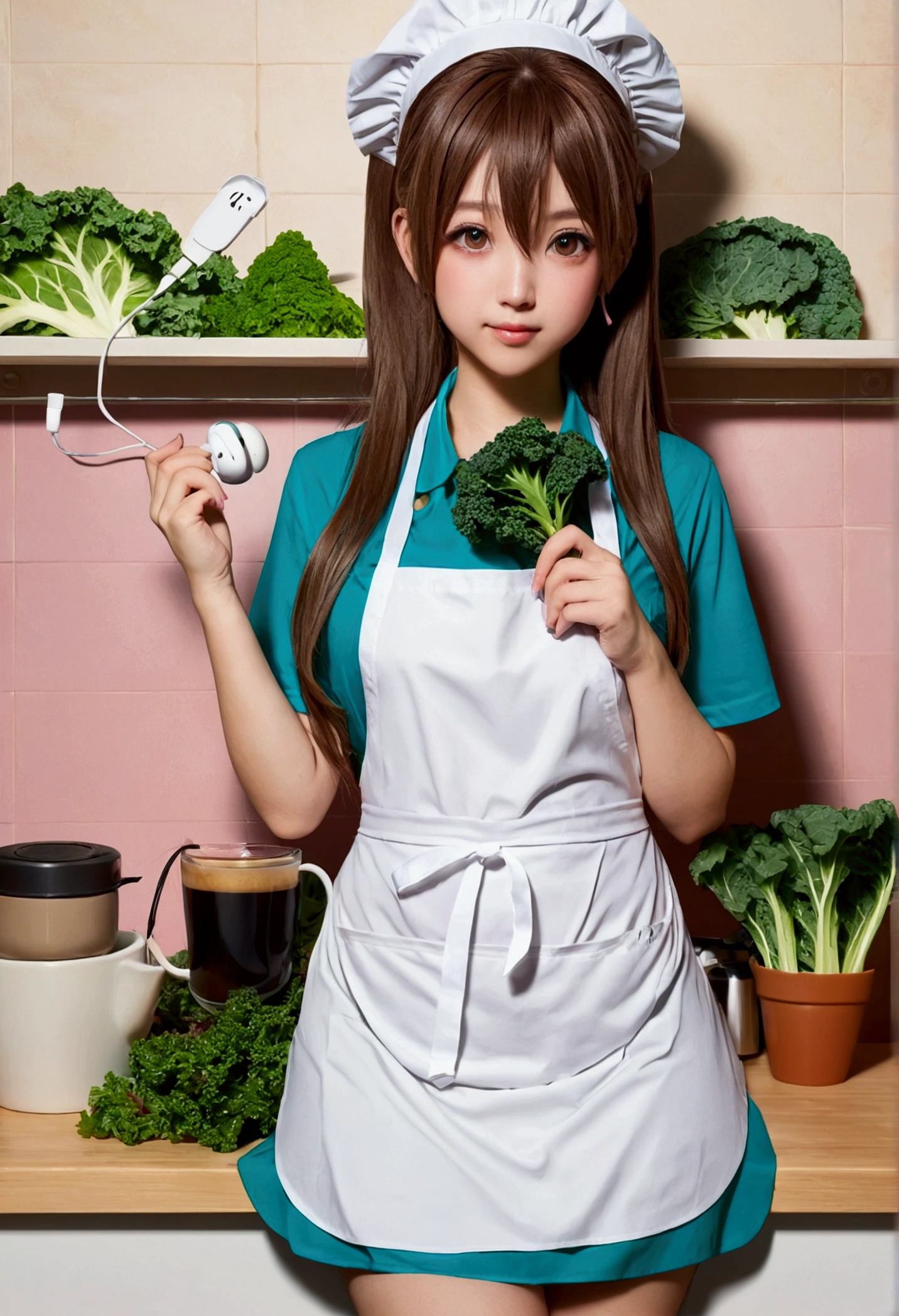1 girl, standing alone, nakano miku, long brown hair, hair between the eyes, earbuds, (Kale:1.3), (white apron), breasts big, neckleace, thicc thighs, coffee background, (blushful:1.2)