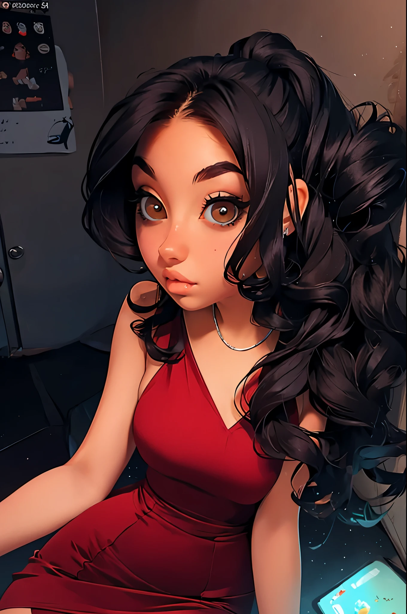 Girl 18 years old, porn star body, big lips, Plump lips, hourglass body, slim stomach, big eyes, Brown eyes, eyes full of lust, small nose, narrow nose, Plump lips, narrow cheekbones, sunken cheeks, narrow face, short bangs,black hair curls, Big hips, dressed in an erotic red satin tight dress, gorgeous neckline