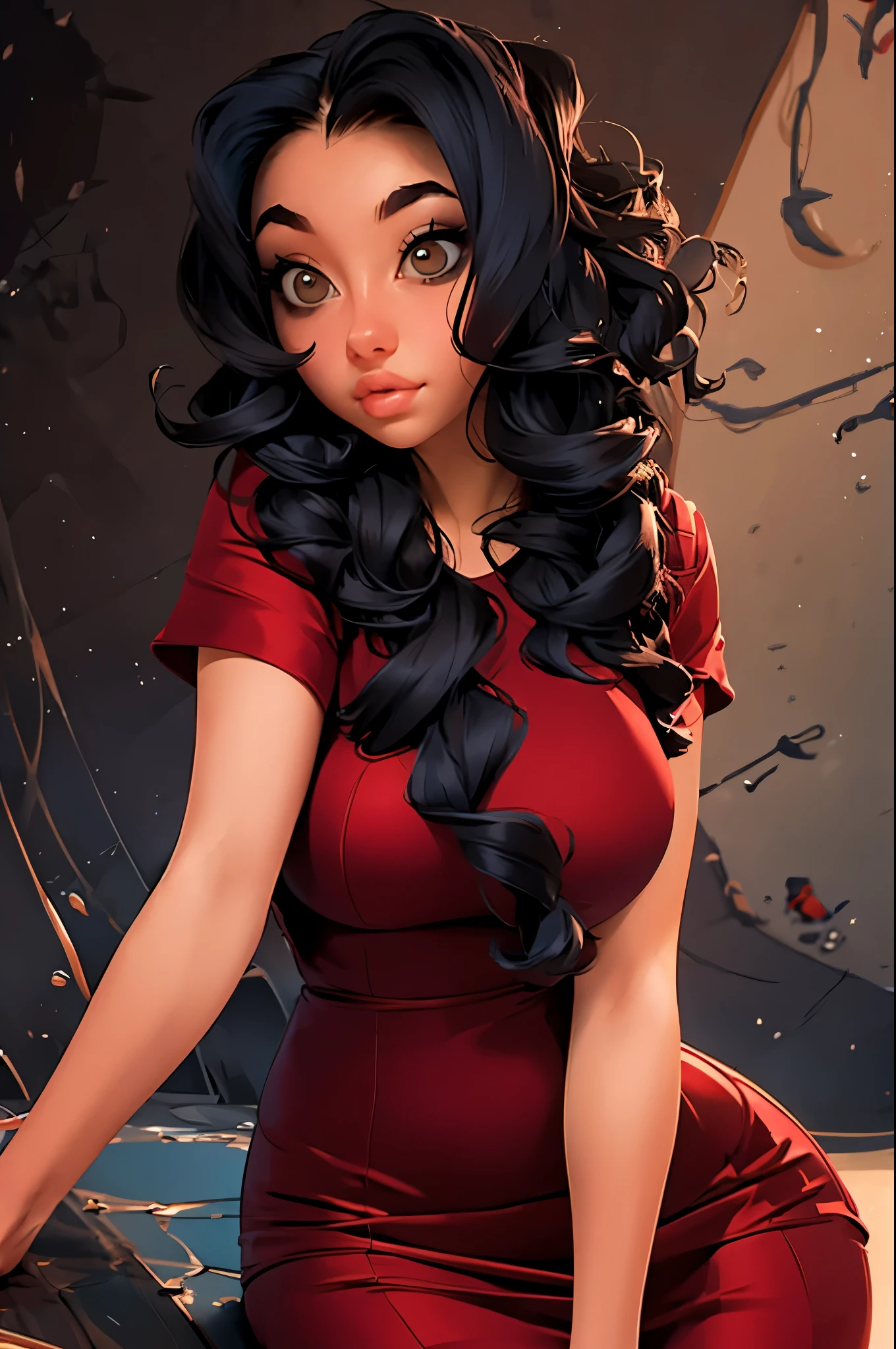 Girl 18 years old, porn star body, big lips,  Plump lips, hourglass body, slim stomach, big eyes, Brown eyes, eyes full of lust, small nose, narrow nose, Plump lips, narrow cheekbones, sunken cheeks, narrow face, short bangs,black hair curls, Big hips, dressed in an erotic red satin tight dress, gorgeous neckline