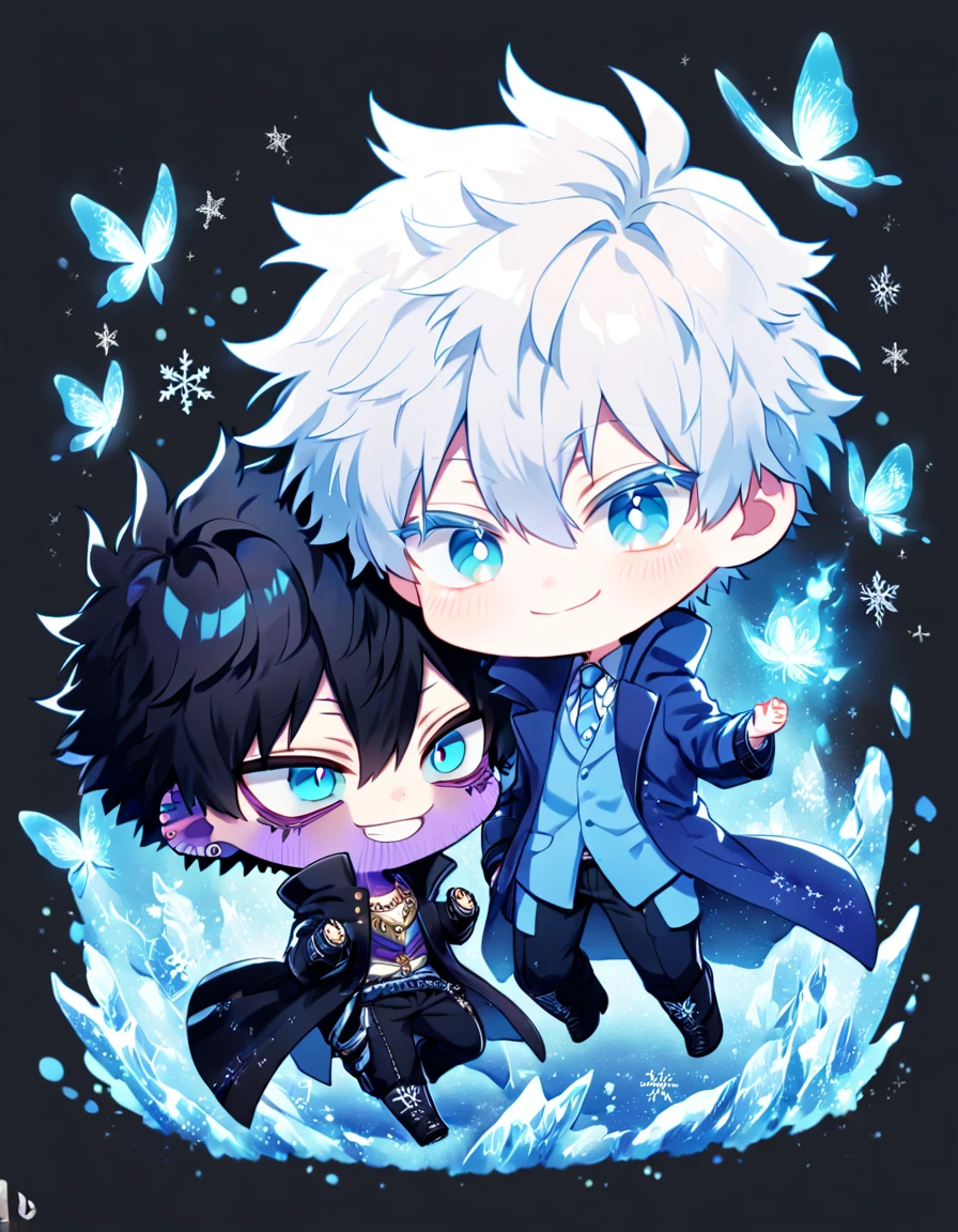 absurdres, highres, ultra detailed, HDR, master piece, best quality, extremely detailed face, delicated features, Dabi chibi, black hair, expressive turquoise eyes, Boku No Hero Academia, Gojou Satoru chibi, white hair, expressive blue eyes, white eyelashes, two boys together, yaoi, gay couple, cute, smiling, blue jacket with fur, black coat, fantasy, magical, ice, blue fire, ice butterflies, snowflakes, blue flames