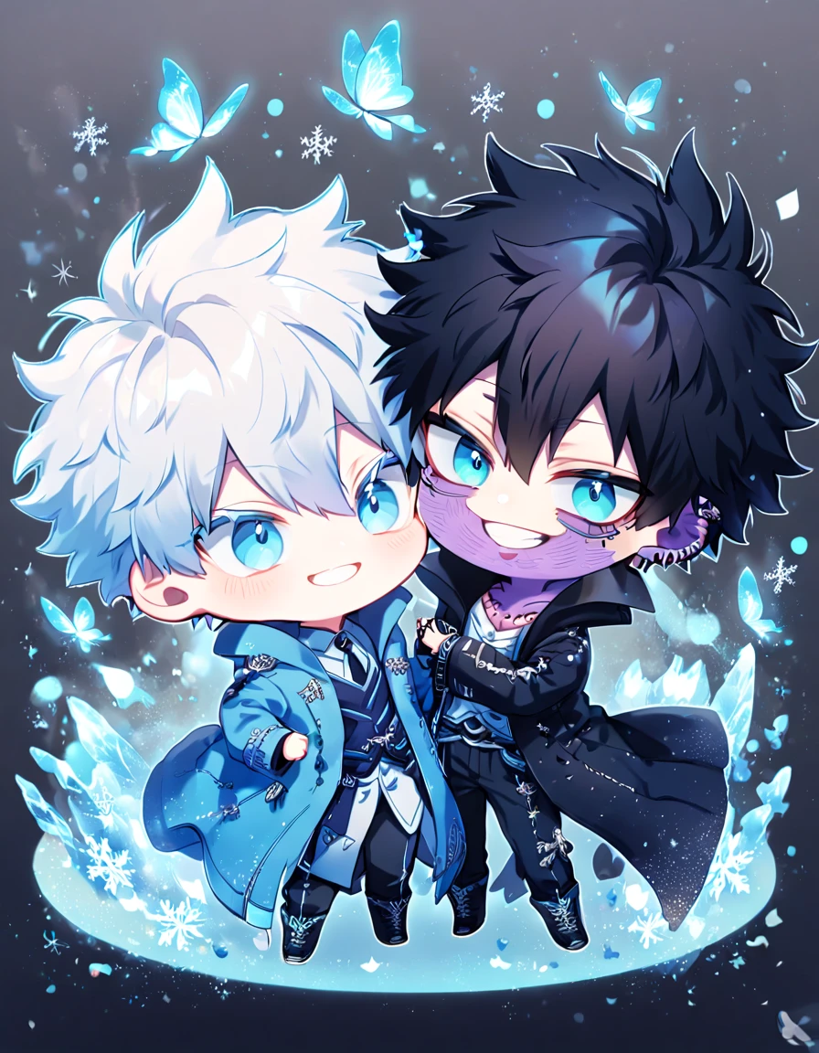 absurdres, highres, ultra detailed, HDR, master piece, best quality, extremely detailed face, delicated features, Dabi chibi, black hair, expressive turquoise eyes, Boku No Hero Academia, Gojou Satoru chibi, white hair, expressive blue eyes, white eyelashes, two boys together, yaoi, gay couple, cute, smiling, blue jacket with fur, black coat, fantasy, magical, ice, blue fire, ice butterflies, snowflakes, blue flames