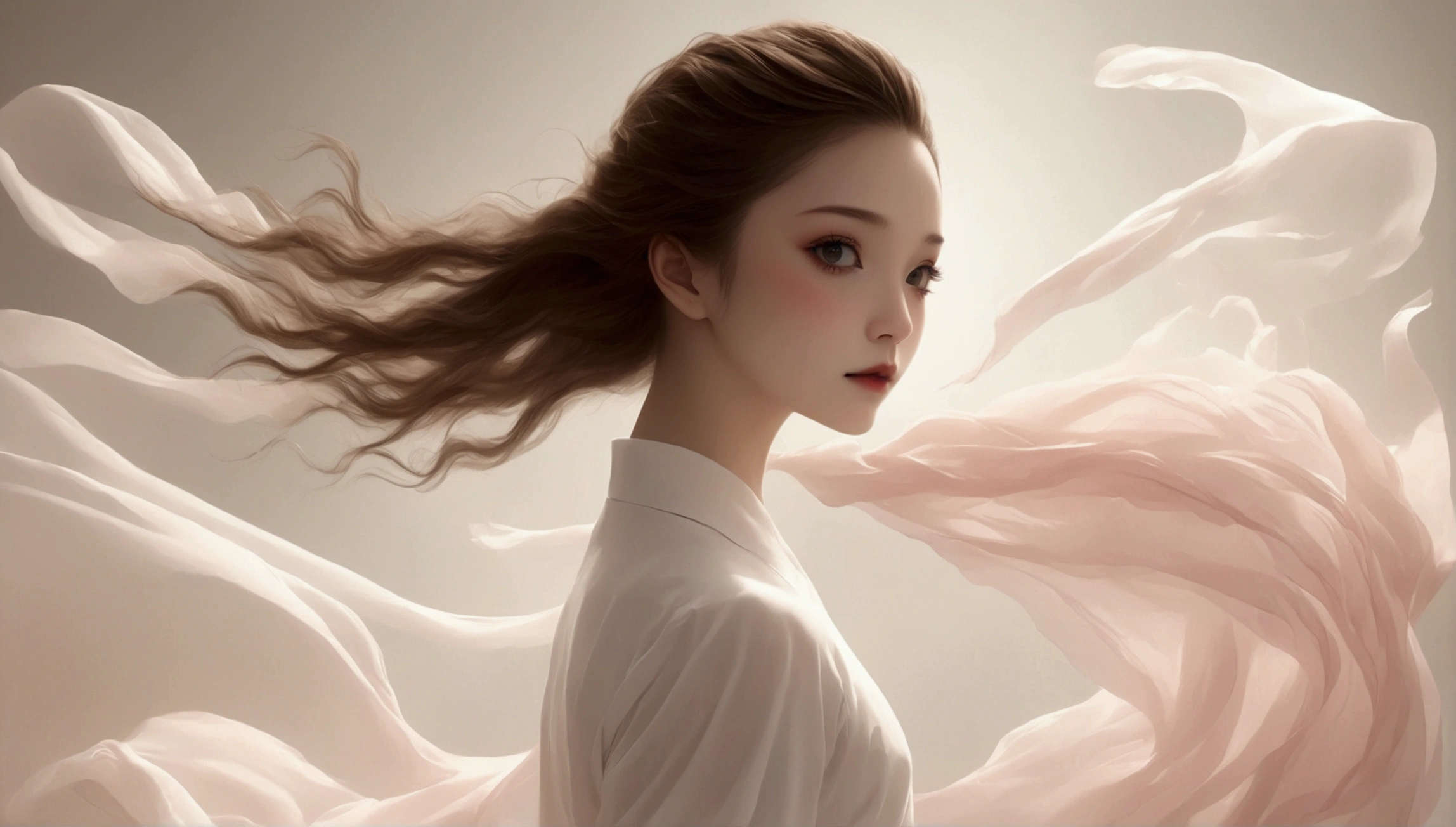 Exquisite dance photography；A ，Solitary；A dancing little girl像；[Black Eyeball，confidence，High and cold，happy]；[Long skirt elegant style，Long sleeve；Set，Light pink and white gradient，Traditional style，The skirt has no pattern，The hem of the long skirt is like petals covering the background,Petal pattern，The background is petals and skirt,]；[Chinese dance]，[[[whole body，Panorama 1.1]]]，front；Composition：The character is on the right side of the screen；Long hair in the wind,advanced sense,Fashion, Still photography, Loop video, Fascinating movement, captivating visuals, Seamless integration, Compelling storytelling, Vortex phenomenon, Angled form, Dynamic Movement, Bold Geometric Shapes, Fragment shape, sharp contrast, Influence of modernism, nature, , modern Art, Astonishing, Unreal Background, Art from (Alessio Albi:1.1), Soft lighting, happy emotion，Extremely detailed,The most beautiful form of chaos, elegant； Simple style；Minimalism。Panoramic photography；Depth of Field, Extraordinary details, masterpiece, high quality, 4K，cinematic lighting, motion blur, depth of field, sparkle, ray tracing, reflection light, anatomically correct, uhd, textured skin, best quality, super detail, highres, high details, accurate, high quality, award winning