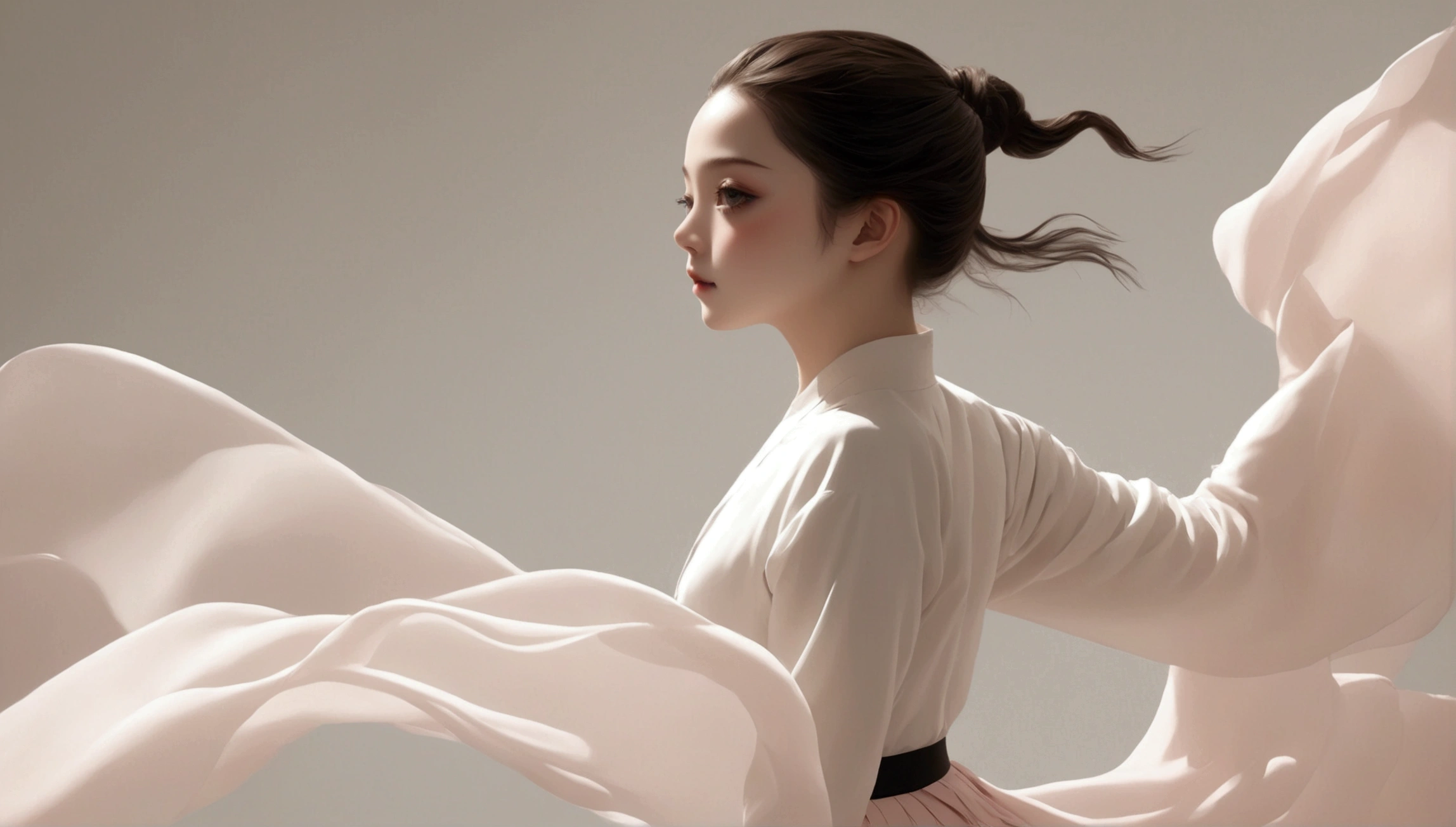 Exquisite dance photography；A ，Solitary；A dancing little girl像；[Black Eyeball，confidence，High and cold，happy]；[Long skirt elegant style，Long sleeve；Set，Light pink and white gradient，Traditional style，The skirt has no pattern，The hem of the long skirt is like petals covering the background,Petal pattern，The background is petals and skirt,]；[Chinese dance]，[[[whole body，Panorama 1.1]]]，front；Composition：The character is on the right side of the screen；Long hair in the wind,advanced sense,Fashion, Still photography, Loop video, Fascinating movement, captivating visuals, Seamless integration, Compelling storytelling, Vortex phenomenon, Angled form, Dynamic Movement, Bold Geometric Shapes, Fragment shape, sharp contrast, Influence of modernism, nature, , modern Art, Astonishing, Unreal Background, Art from (Alessio Albi:1.1), Soft lighting, happy emotion，Extremely detailed,The most beautiful form of chaos, elegant； Simple style；Minimalism。Panoramic photography；Depth of Field, Extraordinary details, masterpiece, high quality, 4K，cinematic lighting, motion blur, depth of field, sparkle, ray tracing, reflection light, anatomically correct, uhd, textured skin, best quality, super detail, highres, high details, accurate, high quality, award winning