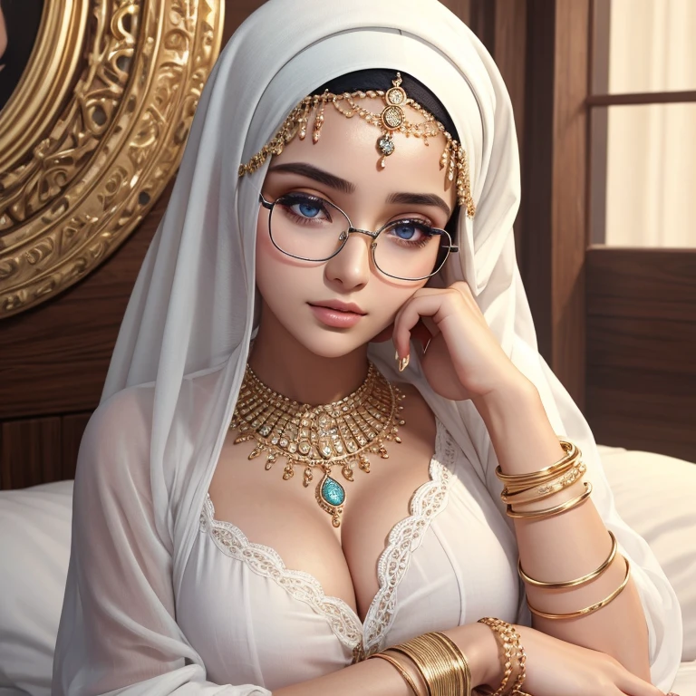 1girl, beautiful detailed eyes, beautiful detailed lips, extremely detailed eyes and face, long eyelashes, hijabi, glasses, 18 years old, teen, voluptuous breasts, white clothes, golden bangles, bracelets, necklaces, golden watch, bed, shy expression, sleeping, portrait, ultra-detailed, realistic, photorealistic, photo-realistic, best quality, 4k, 8k, highres, masterpiece