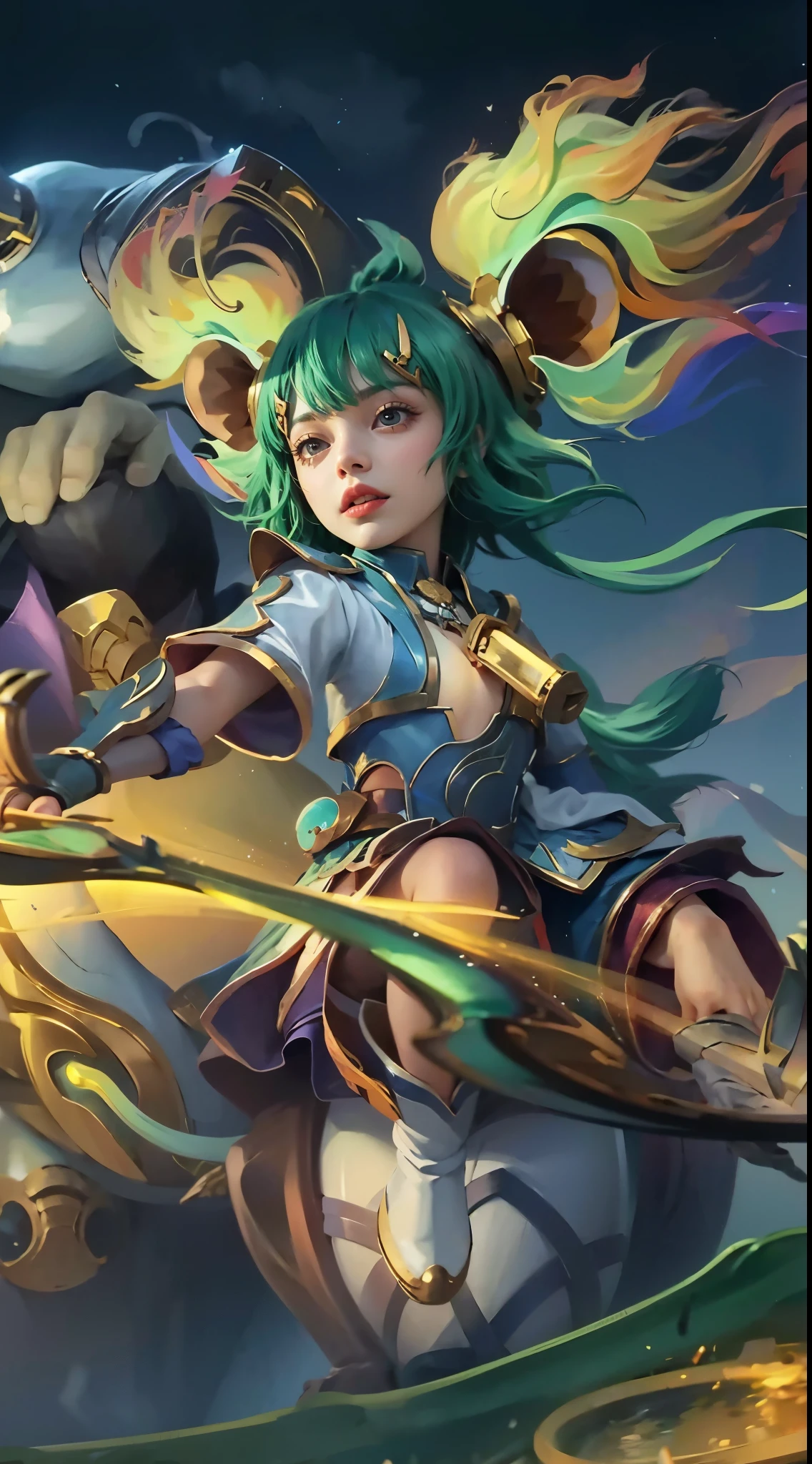 The image shows a female character with green hair and blue eyes, wearing white and gold clothes, holding a sword and casting a spell with 4k hd images