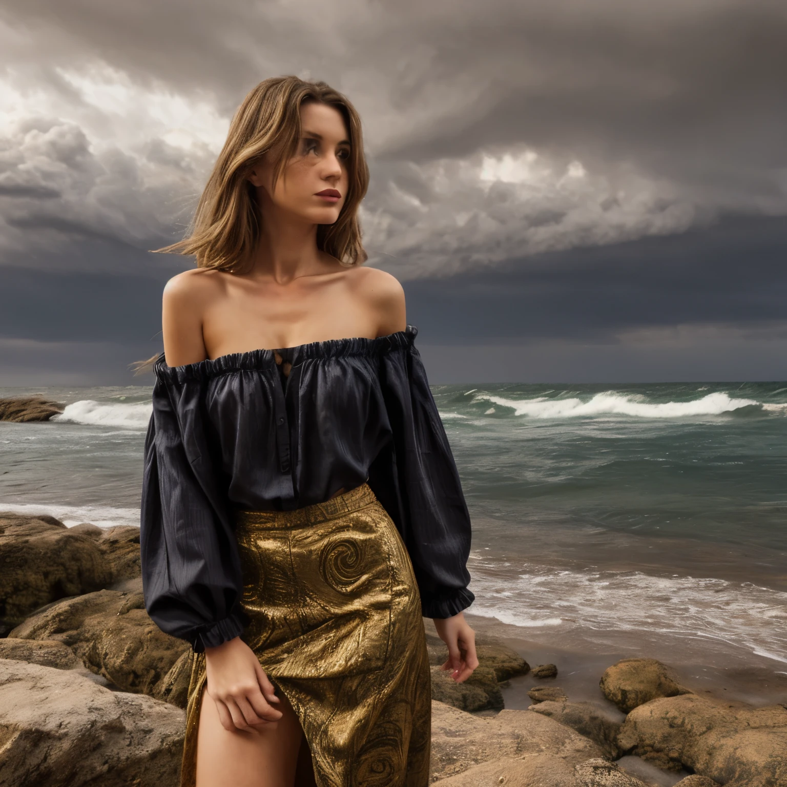 A young woman lies gracefully on the rugged coastline of Ibiza's rural coast, amidst a vibrant yet stormy autumn setting of the 1870s. Her attire consists of a distinctive paisley print off-the-shoulder top and a flowing maxi skirt, both detailed with unique colors and patterns that complement the dramatic autumn scenery. The off-the-shoulder top is crafted from a rich, deep emerald green silk with intricate paisley patterns in bronze and ochre. The fabric's sheen reflects the tumultuous light of the stormy sky, while the off-the-shoulder design reveals her collarbones with delicate elegance. The maxi skirt, made from a soft, rust-colored velvet, drapes around her with subtle movement, its luxurious texture contrasting with the stormy, wind-swept environment. The skirt's hem is adorned with a fringe of muted gold, adding a touch of refinement to the flowing fabric. Her hair is styled in soft, wavy blond locks that fall gracefully around her shoulders. The natural waves are slightly tousled by the strong coastal winds, with the occasional strand catching the dim light of the stormy sky. The buzz-cut at the nape of her neck adds a contemporary twist to her otherwise vintage attire. Her skin is a warm tan, with natural imperfections such as freckles and slight blemishes, highlighted by the golden and grey tones of the overcast sky. The stormy autumn landscape of the rural Ibiza coast is depicted with vivid colors and dramatic elements. The coastline is rugged and rocky, with cliffs jutting out into the turbulent sea below. The trees, mostly Mediterranean oaks and cypress, are in full autumn splendor, their leaves turning a fiery mix of oranges, reds, and deep browns. The storm has sent many of these leaves swirling through the air, creating a dynamic, swirling dance of color around the woman. The sky is heavily overcast with dark, brooding storm clouds, which intermittently release heavy showers and flashes of lightning, adding a dramatic contrast
