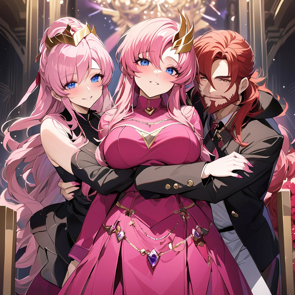 ((Highest quality)), ((masterpiece)), (detailed), （Perfect Face）、The woman is Lacus Clyne, the wife of the leader of the Evil God Cult. She has blue eyes, medium-long pink hair, a hair accessory, and is wearing the suspicious and luxurious Evil God Cult uniform, as well as a necklace and accessories with devil symbols, a gorgeous head chain tiara, and an engagement ring.、The woman is the wife of a middle-aged, bearded cult leader who is revered by a mysterious cult of evil gods.、The mysterious cult leader, dressed in the luxurious clothing of the cult leader, is embracing and cuddling at the altar of the cult.