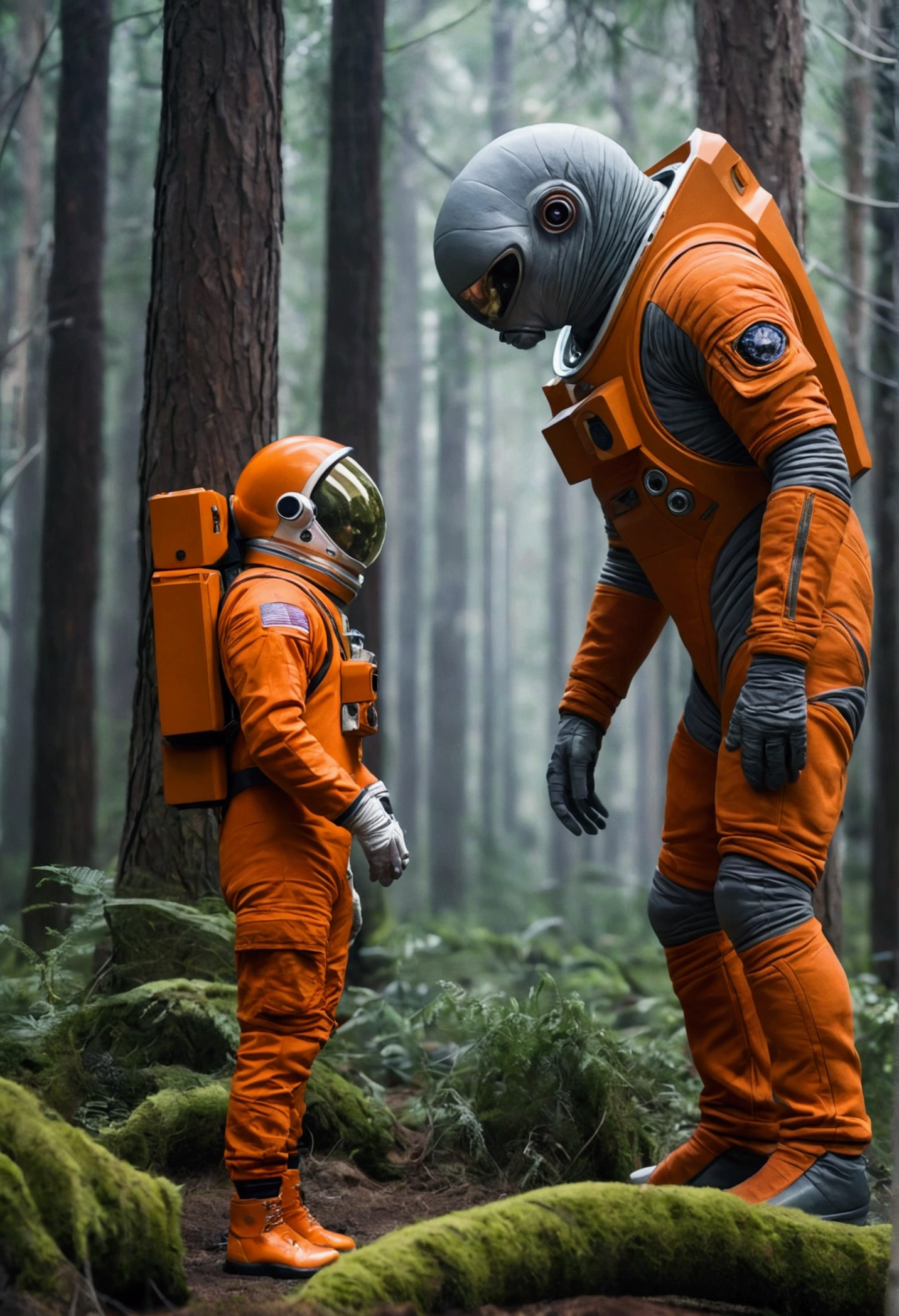 best quality, imposing, epic scene, astronaut in orange suit looking face to face with a giant alien with completely gray body color in a dense forest