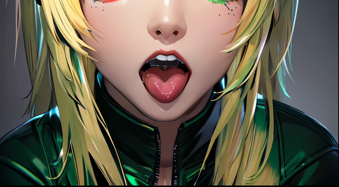 Photorealistic, High resolution, 1 Girl, Korean, Eyes with heterochromia, Small mole under eye,green leather shirt、sorrow、Frightened Eyes、Ahegao、Black Tears、Korean、1 girl、blonde、amount、Green Leather Shirt、Raise your collar、look up、