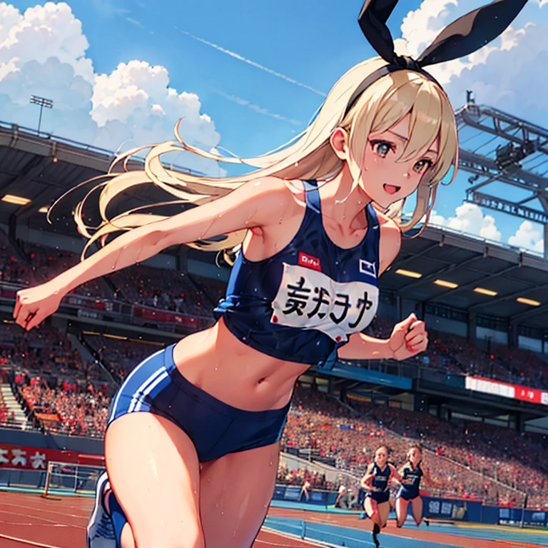 shimakaze_kantaicollection,blonde hair,(masterpiece:1.4),(best quality:1.4), (high quality:1.4),(hyper detailed:1.4),(exquisite:1.4), art CG,8K,full body,1girl,solo,
small, sidelocks, fisheye lens, ((wearing Track and Field Uniforms )), detailed ultra cute face, crop top, (realistic, photo-realistic:1.37), happy, midriff, underboob, Cleavage, in school,wet body, shiny skin, super detailed skin, detailed, (running form:1.3), whole body, track-and-field arena