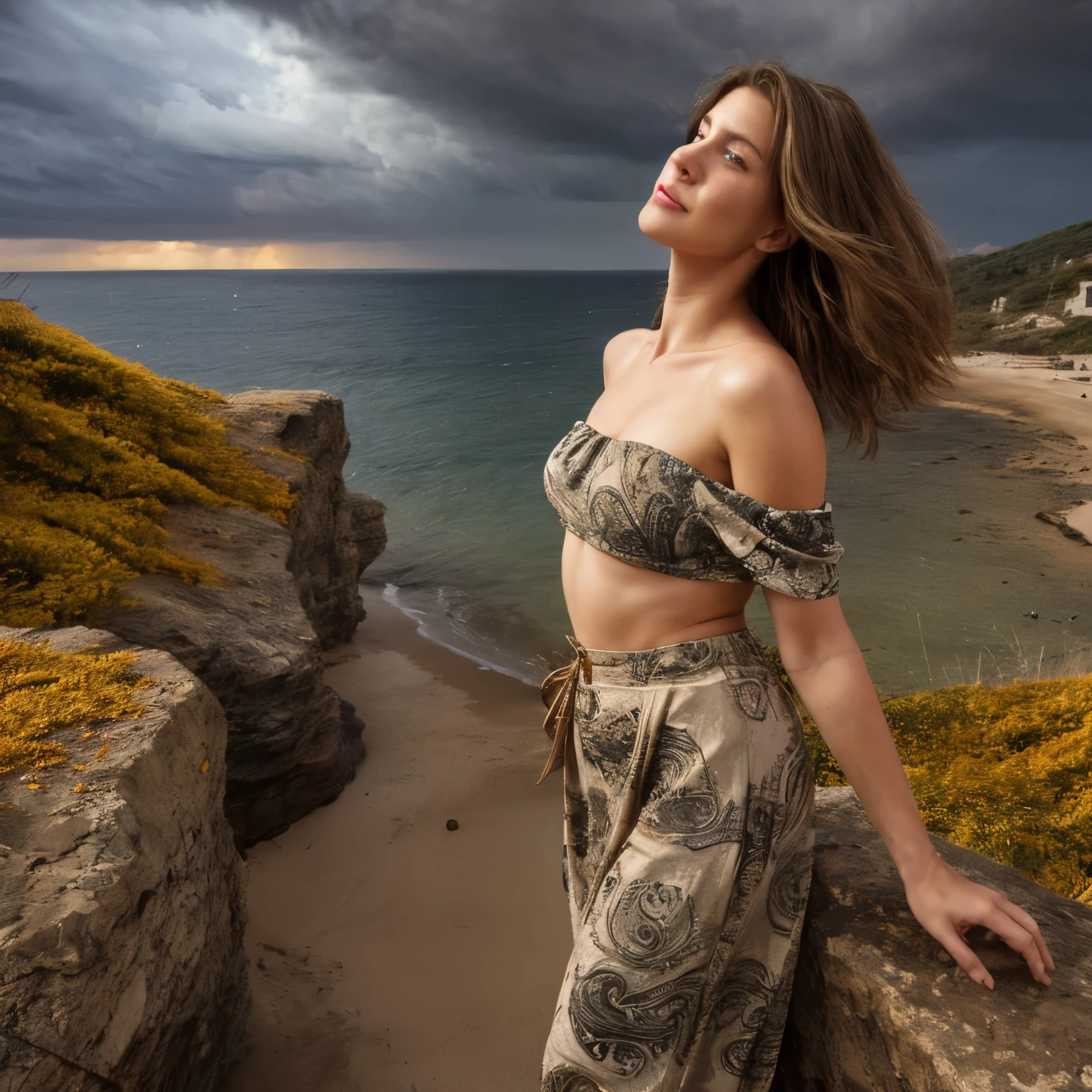 A young woman lies gracefully on the rugged coastline of Ibiza's rural coast, amidst a vibrant yet stormy autumn setting of the 1870s. Her attire consists of a distinctive paisley print off-the-shoulder top and a flowing maxi skirt, both detailed with unique colors and patterns that complement the dramatic autumn scenery. The off-the-shoulder top is crafted from a rich, deep emerald green silk with intricate paisley patterns in bronze and ochre. The fabric's sheen reflects the tumultuous light of the stormy sky, while the off-the-shoulder design reveals her collarbones with delicate elegance. The maxi skirt, made from a soft, rust-colored velvet, drapes around her with subtle movement, its luxurious texture contrasting with the stormy, wind-swept environment. The skirt's hem is adorned with a fringe of muted gold, adding a touch of refinement to the flowing fabric. Her hair is styled in soft, wavy blond locks that fall gracefully around her shoulders. The natural waves are slightly tousled by the strong coastal winds, with the occasional strand catching the dim light of the stormy sky. The buzz-cut at the nape of her neck adds a contemporary twist to her otherwise vintage attire. Her skin is a warm tan, with natural imperfections such as freckles and slight blemishes, highlighted by the golden and grey tones of the overcast sky. The stormy autumn landscape of the rural Ibiza coast is depicted with vivid colors and dramatic elements. The coastline is rugged and rocky, with cliffs jutting out into the turbulent sea below. The trees, mostly Mediterranean oaks and cypress, are in full autumn splendor, their leaves turning a fiery mix of oranges, reds, and deep browns. The storm has sent many of these leaves swirling through the air, creating a dynamic, swirling dance of color around the woman. The sky is heavily overcast with dark, brooding storm clouds, which intermittently release heavy showers and flashes of lightning, adding a dramatic contrast 