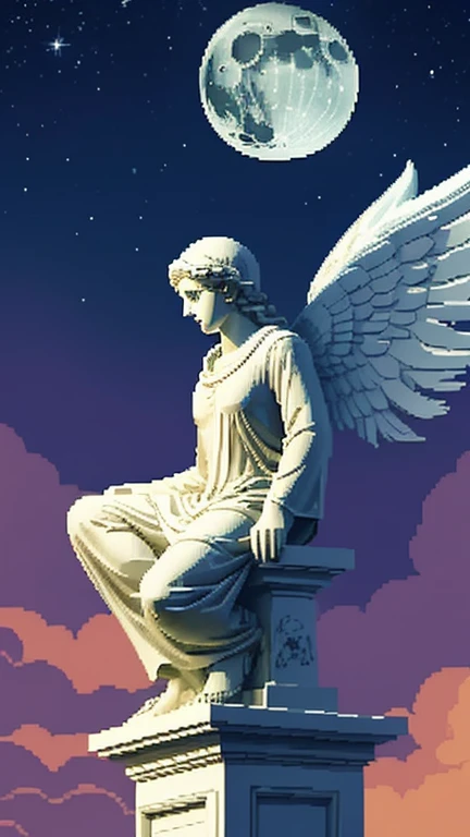 angel statue, night, moon, pixel art