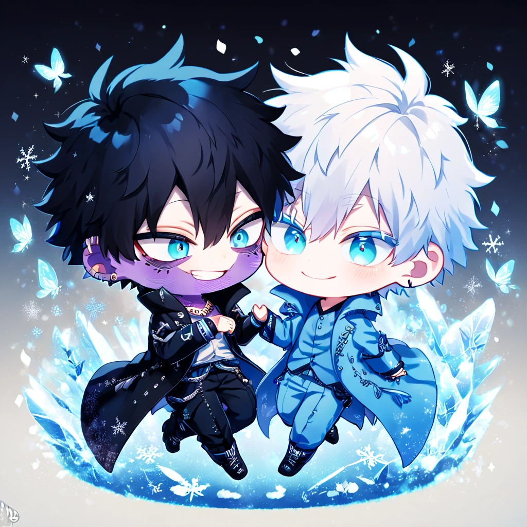 absurdres, highres, ultra detailed, HDR, master piece, best quality, extremely detailed face, delicated features, Dabi chibi, black hair, expressive turquoise eyes, Boku No Hero Academia, Gojou Satoru chibi, white hair, expressive blue eyes, white eyelashes, two boys together, yaoi, gay couple, cute, smiling, blue jacket with fur, black coat, fantasy, magical, ice, blue fire, ice butterflies, snowflakes, blue flames