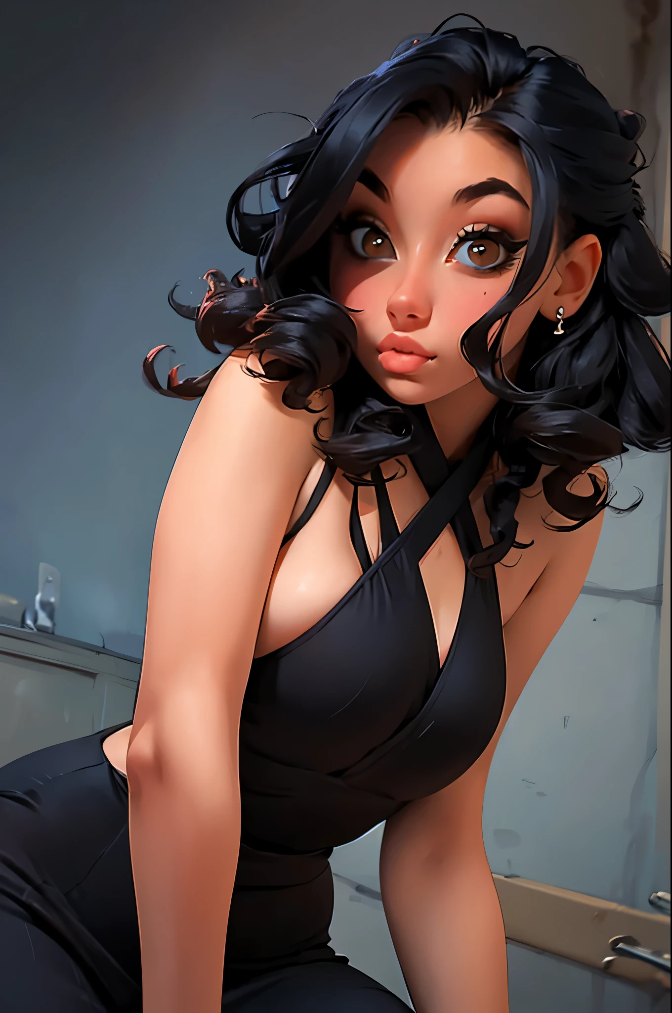 Girl 18 years old, porn star body, big lips, Plump lips, hourglass body, slim stomach, big eyes, Brown eyes, eyes full of lust, small nose, narrow nose, Plump lips, narrow cheekbones, sunken cheeks, narrow face, short bangs,black hair curls, Big hips, dressed in an erotic red satin tight dress, gorgeous neckline