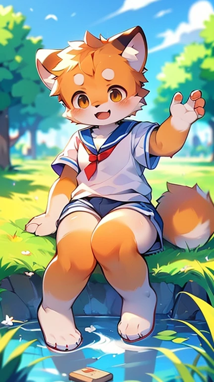 Red Panda Boy,Features of sailor suit,Ultra-high quality,Very detailed,high resolution,Cute anime art style,Rice field scenery,(Cheerful teenager,:1.3),Solitary,single,Cute face boy