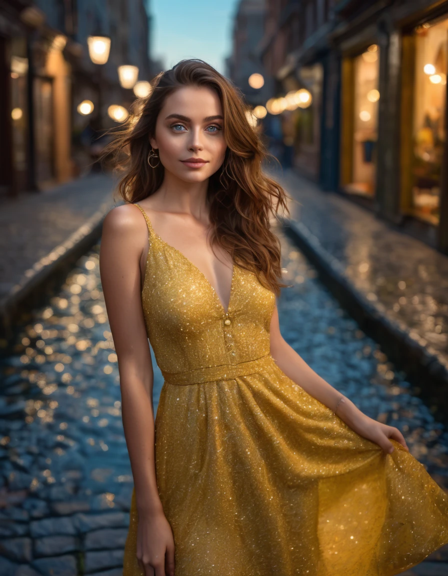 selfie, top view: 1.4),full body shot, RAW UHD portrait photo of a 24-year-old long brown-haired,long hair (blue-eyed woman)Small riverside, deep shading, discreet, cold light, sexy looks, breasts, the city at night, detailed portrait of a tailor, wearing an elegant fashion yellow dress with glitter purse, detailed textures, high definition, Instagram pose, real pose, long-range away shot, faraway shot,soft smile, dynamic poses