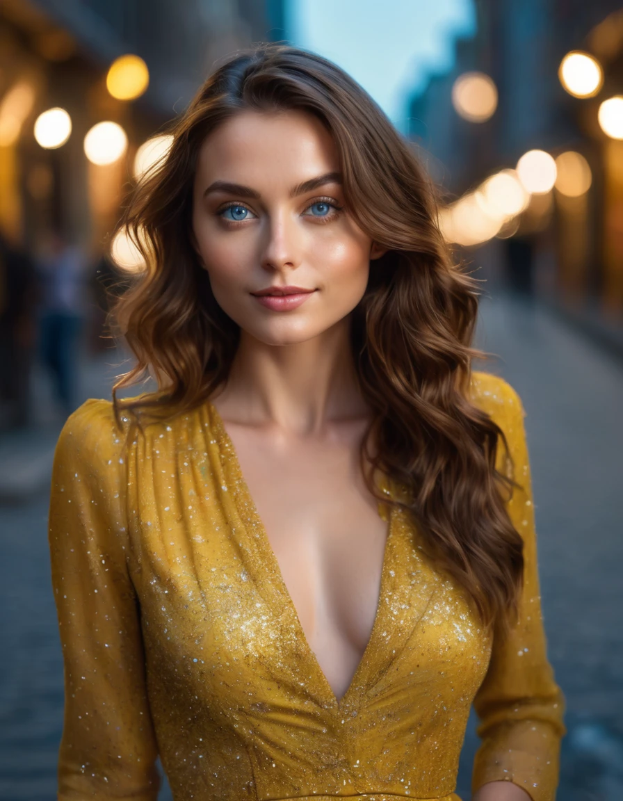 selfie, top view: 1.4),full body shot, RAW UHD portrait photo of a 24-year-old long brown-haired,long hair (blue-eyed woman)Small riverside， deep shading, discreet, cold light, sexy looks, breasts, the city at night, detailed portrait of a tailor, wearing an elegant fashion yellow dress with glitter purse, detailed textures, high definition, Instagram pose, real pose, long-range away shot, faraway shot,soft smile, dynamic poses
