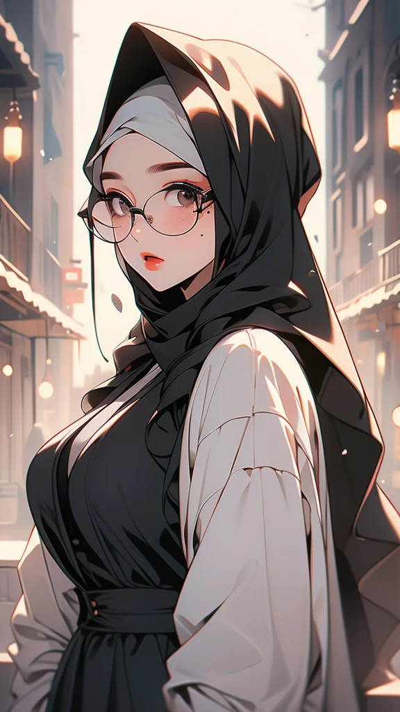 Fat girl wearing a black formal suit with sharp facial features, a mole on her left cheek, wearing a hijab and glasses