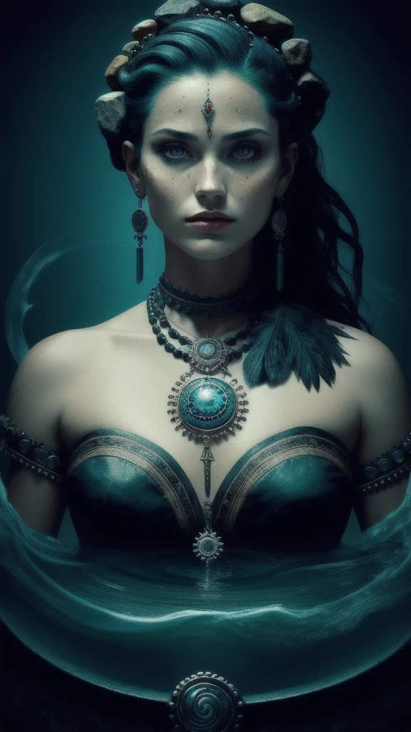 (Full portrait), (Half Shot), Solitary, Detailed background, Delicate face, (Stone Punk, Stone Theme:1.1), Sensible, (woman), Shaman, mystery, (Beautiful face), Head tilted upward, (Close your eyes, Calm expression), calm, meditation, Seafoam Green Worn Clothes, Rosary, Tribal Jewelry, feather, exit, obsidian, Detailed clothing, Realistic skin texture, (Floating particles, water whirlpool, ember, ceremony, whirlwind, wind), Unsettling atmosphere, Clear focus, Volumetric Lighting, Good highlights, Good light blocking properties, Subsurface scattering, complex, Very detailed, ((Movie)), dramatic, (best quality, The award-winning, masterpiece:1.5), complex symmetrical warpaint,  