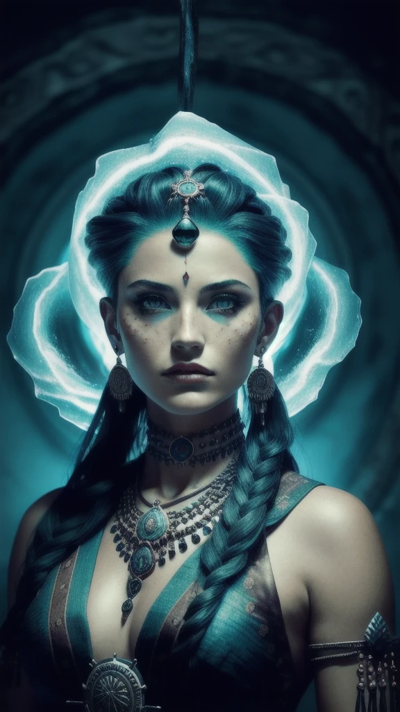 (Full portrait), (Half Shot), Solitary, Detailed background, Delicate face, (Stone Punk, Stone Theme:1.1), Sensible, (woman), Shaman, mystery, (Beautiful face), Head tilted upward, (Close your eyes, Calm expression), calm, meditation, Seafoam Green Worn Clothes, Rosary, Tribal Jewelry, feather, exit, obsidian, Detailed clothing, Realistic skin texture, (Floating particles, water whirlpool, ember, ceremony, whirlwind, wind), Unsettling atmosphere, Clear focus, Volumetric Lighting, Good highlights, Good light blocking properties, Subsurface scattering, complex, Very detailed, ((Movie)), dramatic, (best quality, The award-winning, masterpiece:1.5), complex symmetrical warpaint,