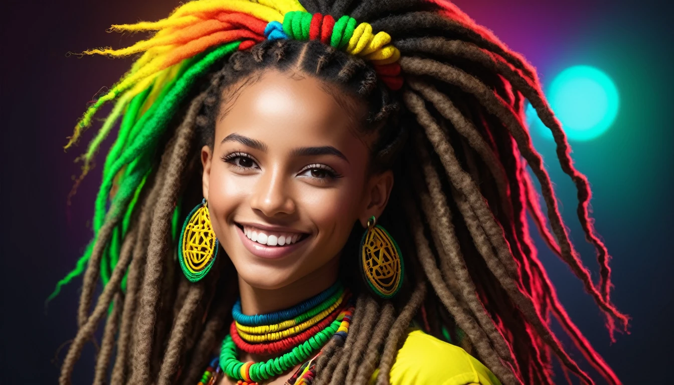 Rastafari girl smiling with Rastafari accessories in dreadlocks, fotografia, Bright neon lighting in reggae colors, detalhes suaves, octana, Artstation Trend, ultra alto detalhe, Ultra realista, cinemactic, 16k, Imagem com pelo menos 300dpi, fundo preto, lighting to highlight the background figure,from the chest up
