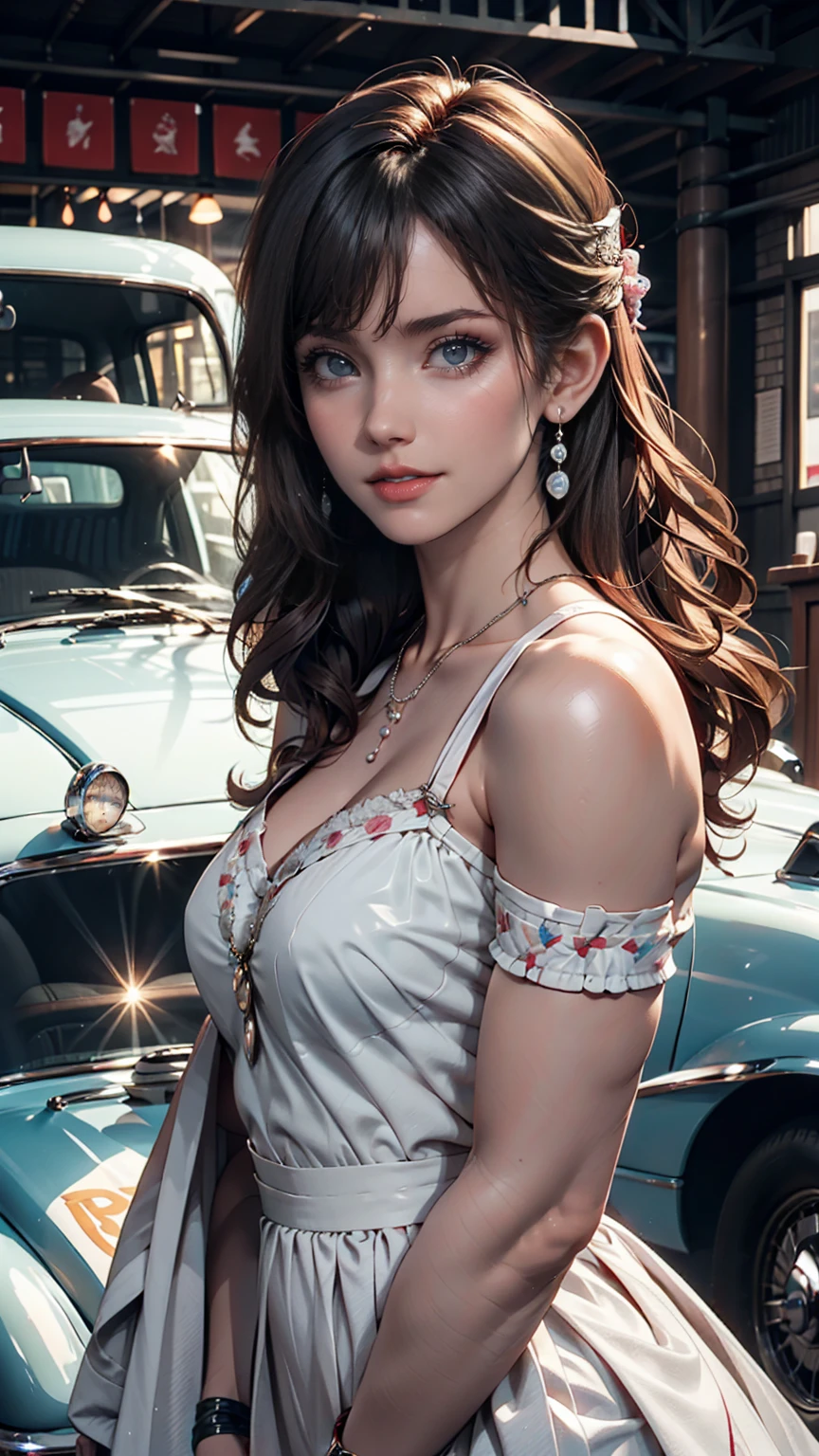 Models dressed in 1950s-style fashion。Polka dot A-line dress、Red lipstick、Pearl Necklace、There is a classic car in the background