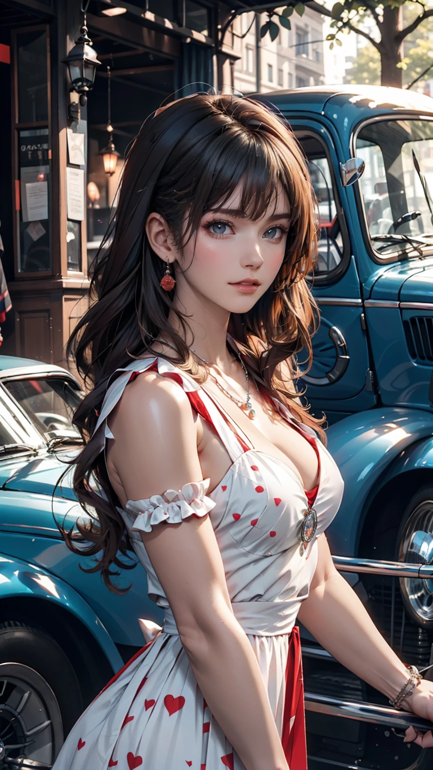 Models dressed in 1950s-style fashion。Polka dot A-line dress、Red lipstick、Pearl Necklace、There is a classic car in the background