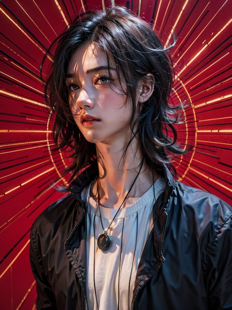 1 boy, bar background simple background, delicate eyes, boy with long blue wolf cut hair, red eye, wearing black shirt, dynamic lighting, dynamic effect, cinematic light, Best quality, highly detailed, masterpiece, ultra detailed, waist up, anime