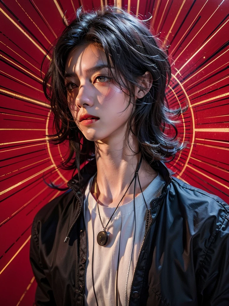 1 boy, bar background simple background, delicate eyes, boy with long blue wolf cut hair, red eye, wearing black shirt, dynamic lighting, dynamic effect, cinematic light, Best quality, highly detailed, masterpiece, ultra detailed, waist up, anime