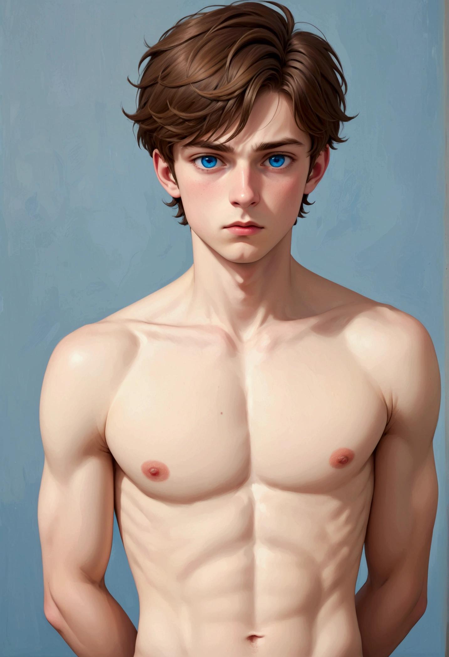 a beautiful boy, 14 years, very fine European features, Brown hair, blue eyes, sad look, peaceful look, naked,.strong chest, big nipples, pointy nipples, very masculine, large genitals, expressing milk.
