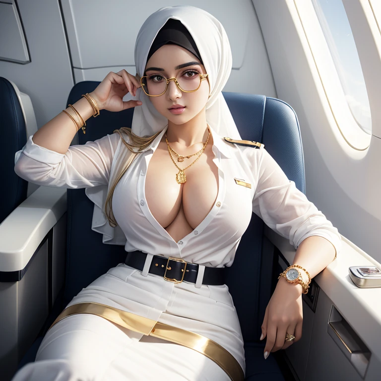 Beautiful square glasses sexy hijabi 18 years old as flight attendant in white uniform, voluptuous breasts, wear golden bangles, bracelets, necklaces, swiss polo golden watch, lying to pilot, lovely eyes, detailed horny face, shy
