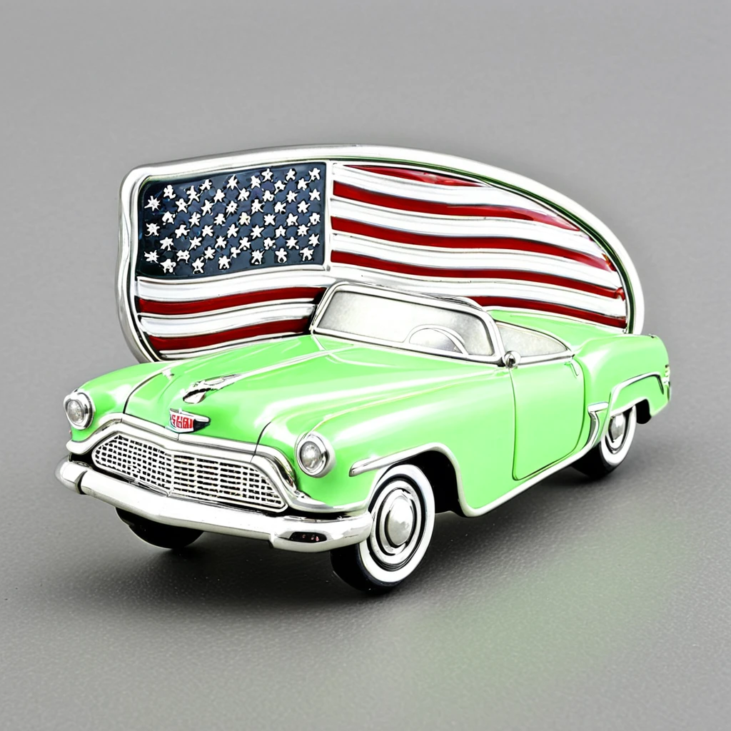 Emblem in the shape of a retro automobile, with USA flag, light green colored body, silver with uneven front, oval plate.