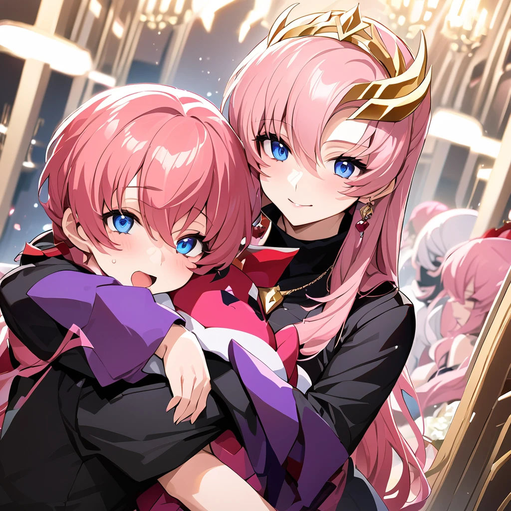 ((Highest quality)), ((masterpiece)), (detailed), （Perfect Face）、The woman is Lacus Clyne, the wife of the leader of the Evil God Cult. She has blue eyes, medium-long pink hair, a hair accessory, and is wearing the suspicious and luxurious Evil God Cult uniform, as well as a necklace and accessories with devil symbols, a gorgeous head chain tiara, and an engagement ring.、The woman is the wife of a middle-aged, bearded cult leader who is revered by a mysterious cult of evil gods.、The mysterious cult leader, dressed in the luxurious clothing of the cult leader, is embracing and cuddling at the altar of the cult.