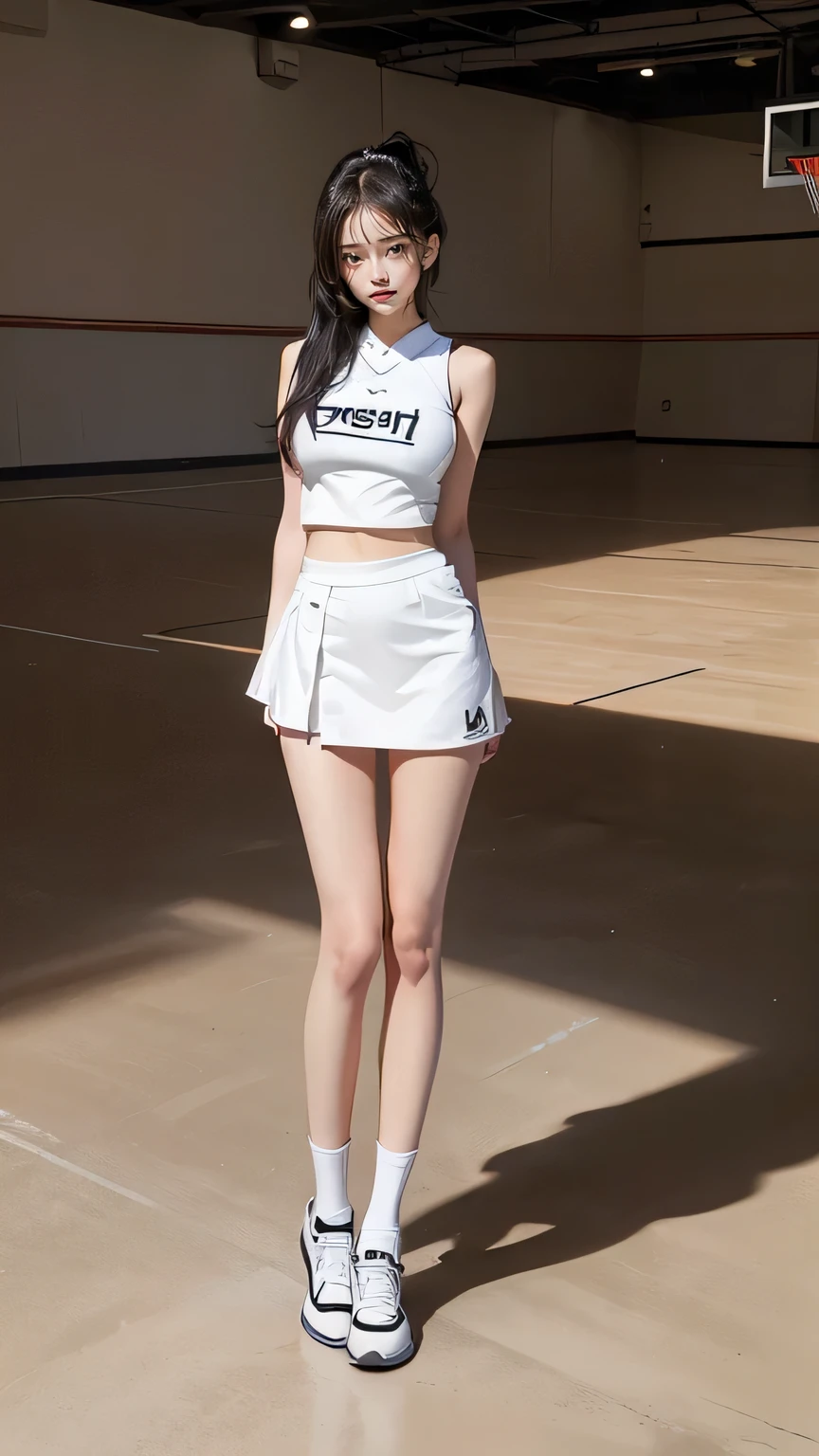 ((masterpiece)),(((最high quality))),(((((Full body shot of a girl taken from the floor:1.7))))),((Photograph the whole body from knee height:1.6)),((((((Please stand up straight:1.9)))))),((Thin thighs:1.3)),((Long legs:1.4)),(((Girl standing in a basketball court:1.7))),(((very curve big boobs:1.4))),(((very Micro Mini basketball Uniform:1.6))),((Slim Model body type:1.8)),((Wearing a sleeveless basketball uniform:1.5)),(Wearing a very tight basketball uniform:1.3),((curve big boobs))Her erect nipples are clearly visible under her clothes.,(:1.3),bangs,A small smile,((cute girl)),Slender girl,Black Loafers,(((short white socks up to the ankles,:1.2))),cute,The thighs below the groin are slim and firm,cute,Black hair ponytail,Thin legs,Slim Model body type,Very small waist,Small hips,Long thighs,Thin thighs,Thin hands,Long hands,((((Shooting full body from below:1.5)))),(((((k-popのIVEのWONYOUNGにそっくりの女の子:1.9))))),((Turn your whole body straight ahead:1.8)),((expensive:1.4)),(Stand with your legs straight without bending your knees:1.7),((Please stand up straight:1.7)),((turn your hips forward:1.7)),The ankles are super thin,beauty,Fine skin,Firm Skin,Realistically reproduced skin detail of thin legs,Very detailed, Attention to detail,high quality,Awards,High resolution,(Anatomically correct:1.3),(8k,RAW Photos,最high quality,masterpiece:1.5),(((Photographing a girl&#39;Full body from below))),(((She is taking a picture with three other girls from her class.:1.5))),All three are slim and cute.,Height 173cm,((Please stand up straight:1.7)),((Please stand up straight:1.7)),((Please stand up straight:1.5)),((Please stand up straight:1.7)),(((Keep your back straight:1.8))),((Look forward:1.2)),9 head beauty,Model body type,((Inseam is half the height:1.3)),Thin thighs,((k-popのIVEのWONYOUNGにそっくりの女の子:1.5)),Tiny and slim waist