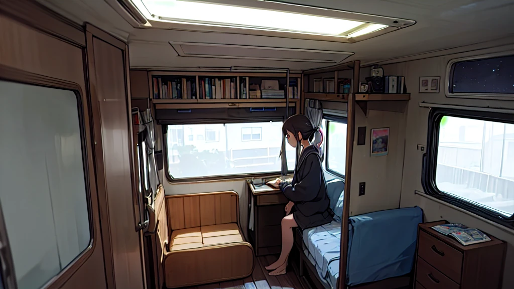 ((anime:1.4,figure)),(masterpiece, Highest quality, Highest quality),(Very detailed, The absolute solution),((16K, High resolution)). break {Lofi Art, Laurie Griesley's style, anime aesthetic} break {figure of a woman living inside a converted bus. The interior is cozy、It has to be about attention to detail., With bunk bed. The woman was in the top bed.、The night sky can be seen from the small window, There is a desk under the bed, computer, and personal belongings. Include shelves, Storage space, Personal belongings were scattered on the bus., Create a living atmosphere. The atmosphere should be warm and intimate, Highlighting the unique and compact living environment inside the bus.}