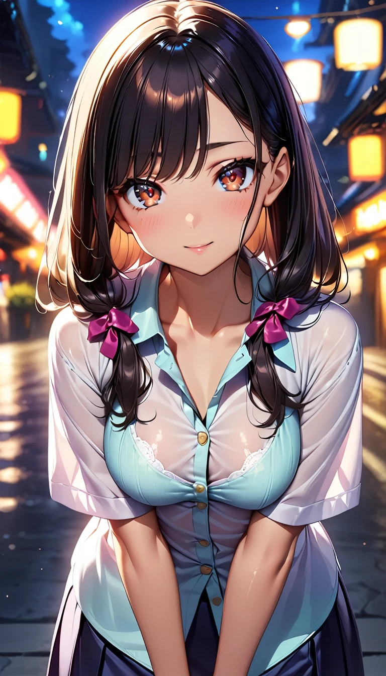 1girl, , , masterpiece:1.4, best quality:1.2, very aesthetic:1.4, super cute, shining eyes, 20-year-old, Fair skin, Black Hair, Glowing Skin, Shiny small, Dark brown eyes, Sharp focus:1.2, Highly detailed face and skin texture, Detailed eyes, Perfect Face, Blur the background, Japanese, seductive expression:1.4, leaning forward, medium breasts, casual clothes, wearing bra, wearing shirt