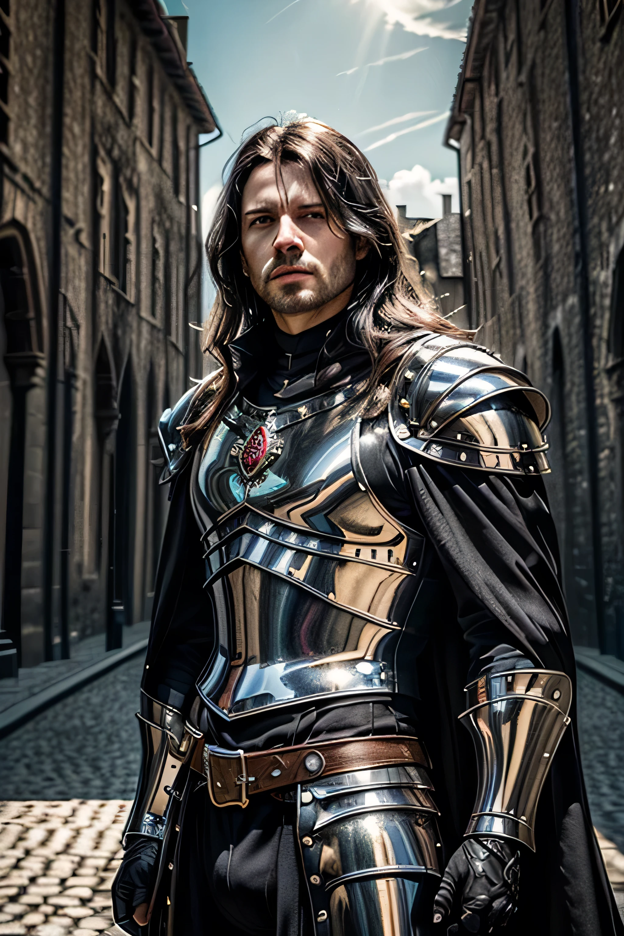 (masterpiece, photorealistic:1.4, extremely intricate:1.3), (photon mapping, radiosity, physically based rendering, ultra resolution, hyper-realistic, photorealistic:1.4, hyper-realistic, 8K), muscular man, ((black chrome late renaissance armor:1.4, chrome rivets (torso photograph), breastplate, black cloak), showing off his bulge, metal reflections, gold etching, outdoors, medieval battlefield, intense sunlight, far away castle, (moat, glossblack hair, dynamic pose), sharp focus, dramatic, award winning, cinematic lighting, (film grain, bokeh, interaction)