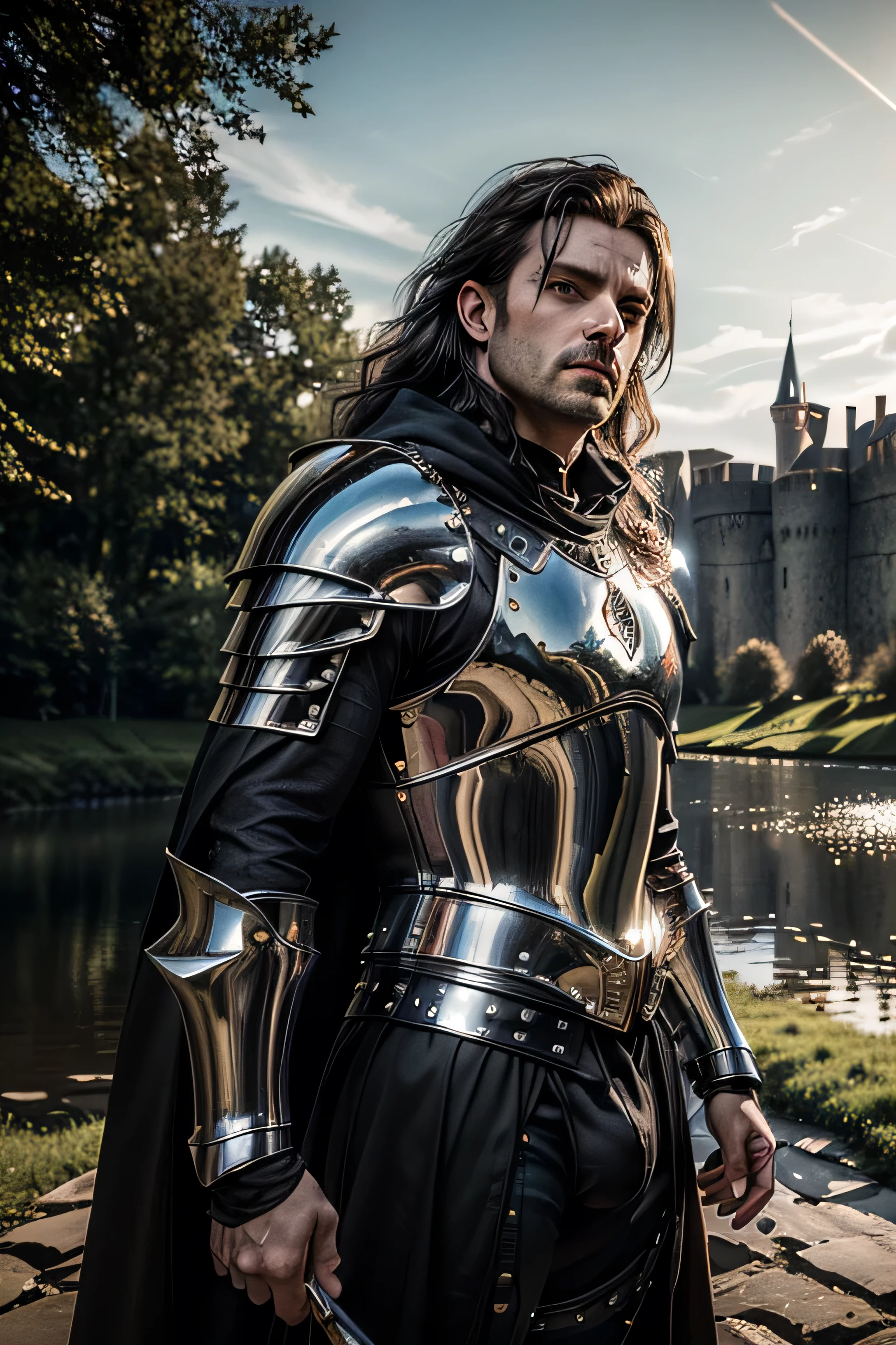 (masterpiece, photorealistic:1.4, extremely intricate:1.3), (photon mapping, radiosity, physically based rendering, ultra resolution, hyper-realistic, photorealistic:1.4, hyper-realistic, 8K), muscular man, ((black chrome late renaissance armor:1.4, chrome rivets (torso photograph), plate, black cloak), showing off his bulge, metal reflections, gold etching, outdoors, medieval battlefield, intense sunlight, far away castle, (moat, glossblack hair, dynamic pose), sharp focus, dramatic, award winning, cinematic lighting, (film grain, bokeh, intera