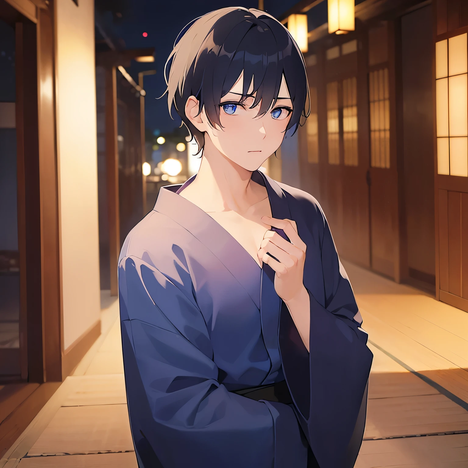 A man with black hair, blue eyes and wearing a blue yukata looking surprised with his hands spread out beside his face、The background is a Japanese-style corridor at night、The upper body is shown