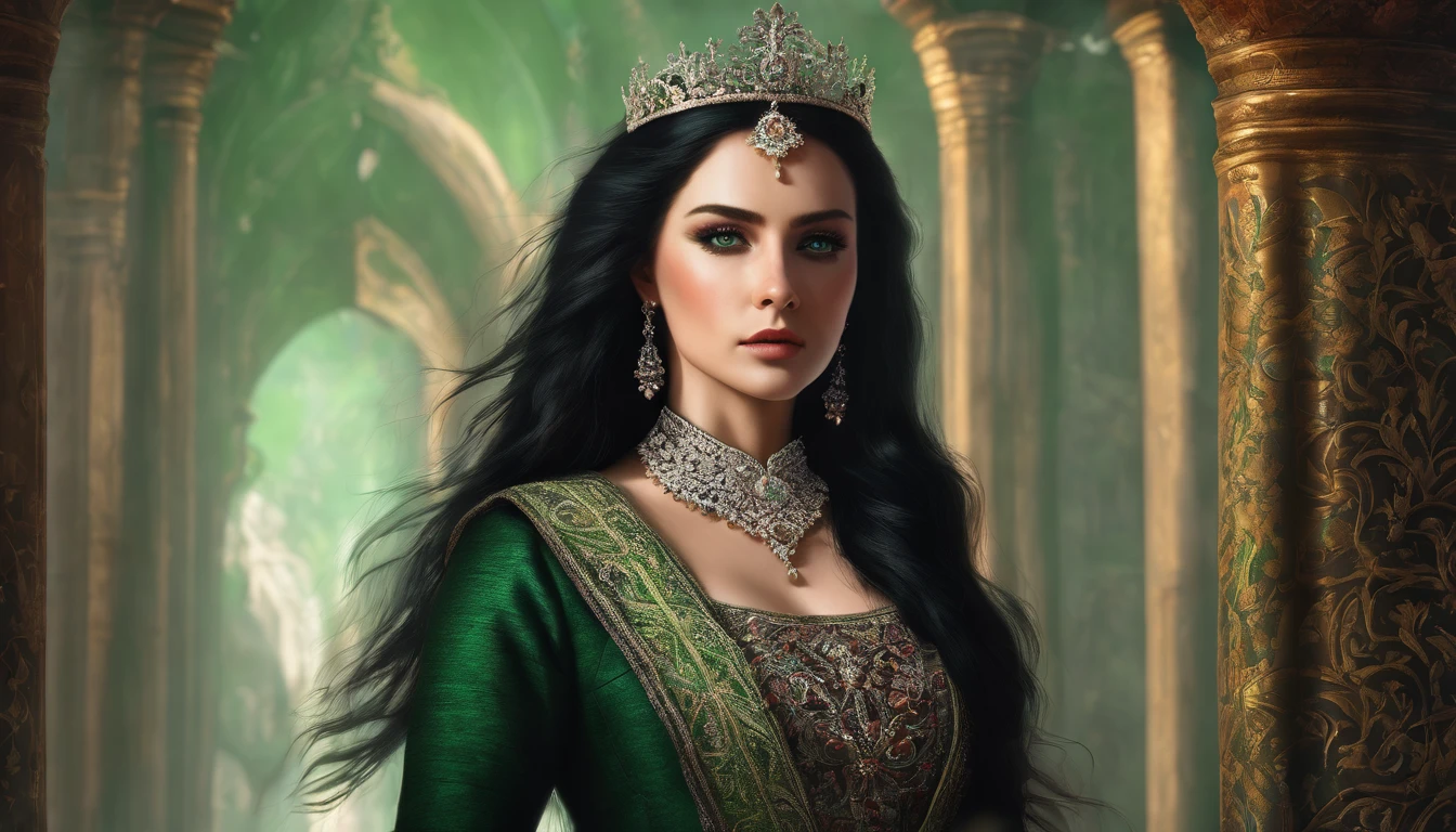 Royalty queen, green eyes, beautiful black long hair, 8k, hdr, detailed background, digital art