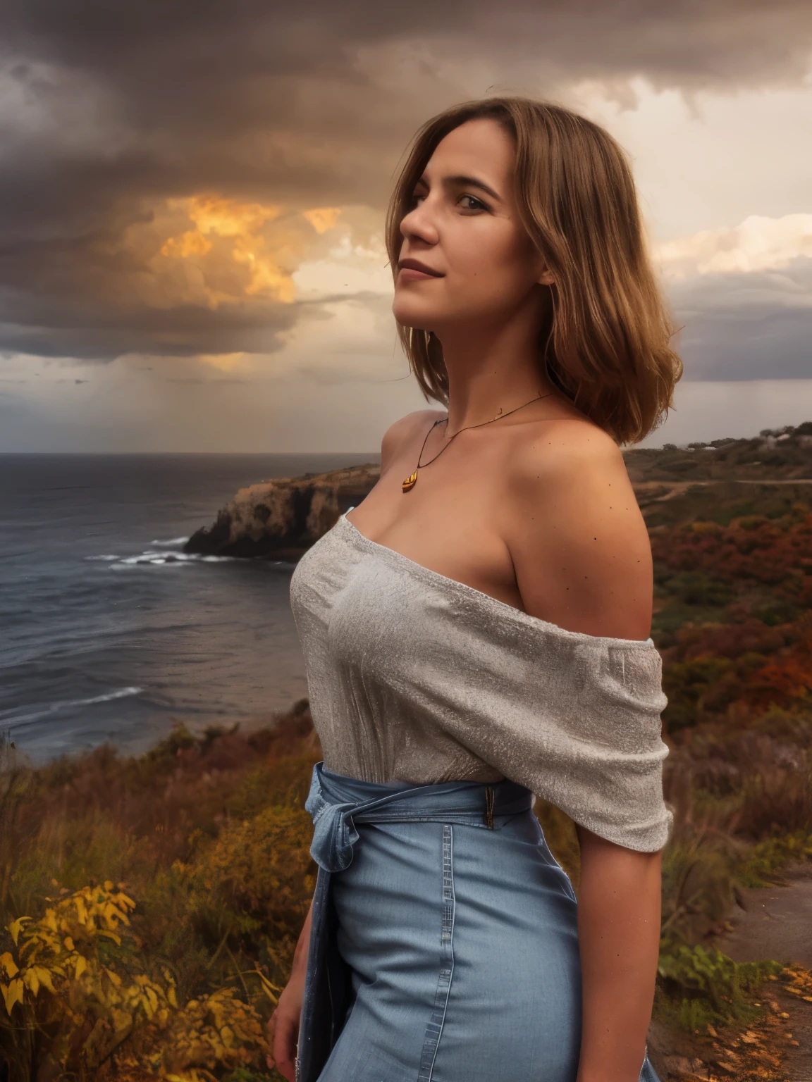 A young woman lies gracefully amidst the vibrant yet stormy autumn landscape of Mallorca’s southern coast in the 1870s. The scene is alive with the chaotic beauty of a stormy autumn afternoon. She is adorned in a paisley print off-the-shoulder top and a flowing maxi skirt, each piece distinct in color and texture. 

Her off-the-shoulder top features an intricate paisley design in shades of deep emerald green and rich maroon, its fabric made from a soft, textured velvet that contrasts with the stormy backdrop. The skirt is a delicate shade of soft mauve, made from a flowing chiffon that sways gently with the wind, catching the light and emphasizing its elegant drape. Her blond hair, styled in soft waves, is complemented by a buzz-cut at the nape of her neck, with the longer strands catching the autumn light and adding a golden shimmer to her look.

The stormy sky above is a dramatic canvas of dark, brooding clouds illuminated sporadically by flashes of lightning. The colors of the sky shift from dark gray to a deep indigo, with occasional bursts of golden sunlight peeking through the storm clouds. The wind carries a sense of urgency, rustling the foliage and adding movement to the scene.

The landscape around her is a vivid display of autumn's transformation. The ground is carpeted with a rich tapestry of fallen leaves in shades of fiery orange, deep red, and golden yellow. The trees, their branches bending under the weight of the storm, are clad in the final remnants of their autumn foliage, creating a striking contrast against the dark, tempestuous sky. 

The coastline is rugged and dramatic, with the churning sea crashing against the rocky shore, sending up sprays of white foam. The distant hills are shrouded in a misty haze, further enhancing the sense of drama and intensity in the scene. 

Her expression is one of serene contentment, with a slight smile that reflects her good mood despite the storm. The delicate necklace she wears catches the sporadic light, add