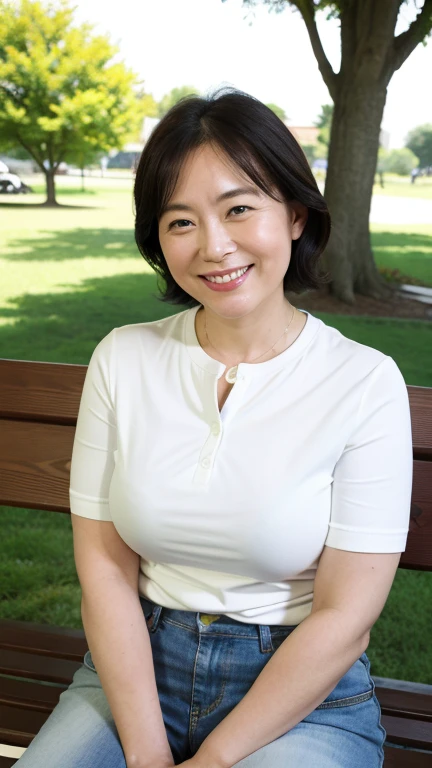 8k wallpaper, masterpiece, best quality, Very detailed, A mature woman, 50 years old, Become very clear, Wearing a short-sleeved shirt, Skin Dimples, Charming smile, Looking at the audience, , full, Curvy beauty, Charming face, Smile with teeth bared, wrinkles around the eyes, Sitting on a park bench, Background blur