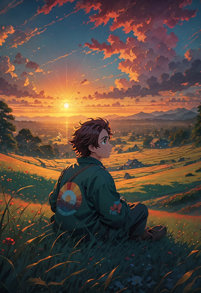 boy sitting on a field of grass, watching a hellish sunset, sun, anime wallpaper 4k, amazing miyazaki, thomas kinkade matte 4k, Aries Moross art. HD 8K
