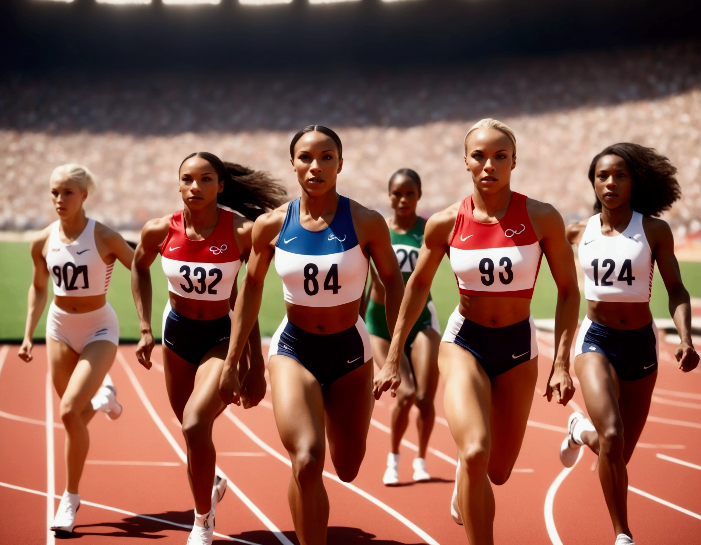 Olympic Sprinters line up on the race course (female, varied age, varied race, uniforms are different (shorts, jersey, nation tunic, sports shoes), race track starting line, stadium nearby