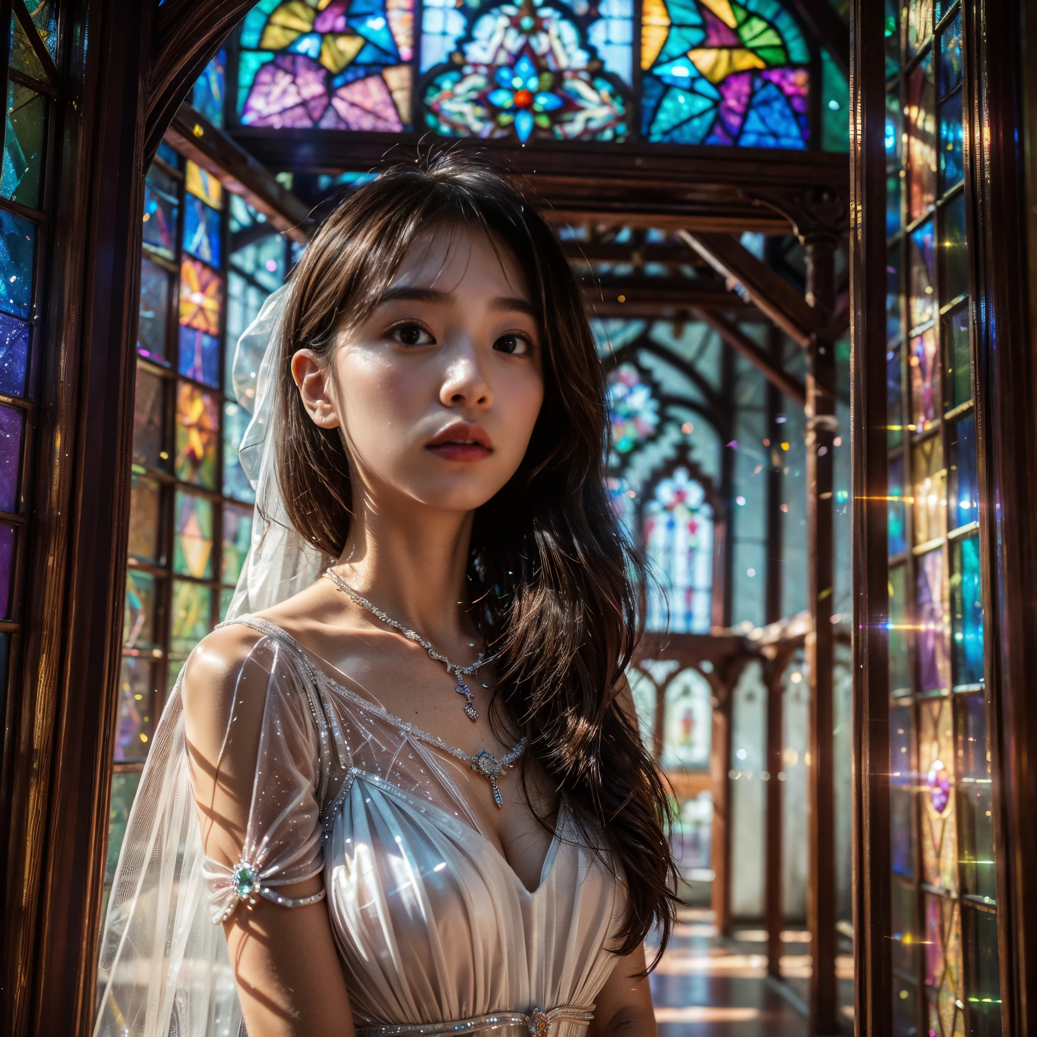 (Cathedral from below:1.28) (ZoomLayer) TopQuality 8K masterpiece of ((Professional photo)), (((Clarisse de Cagliostro))) (Detailed White WeddingDresses), Chain, (((Extremely detailed KAWAII face))) {((VeiledFace))|BlondeHair|(Elaborate BuleEyes)with(SparklingHighlights:1.28)}, The background is distant (((Elaborate stained glass))) Rainbow Glass, {(MysticSight)|EnchantingAtmosphere|Haze|(GodRays)|TyndallEffect}, Radiant PearlSkin with Transparency, (Exposed:0.39)
