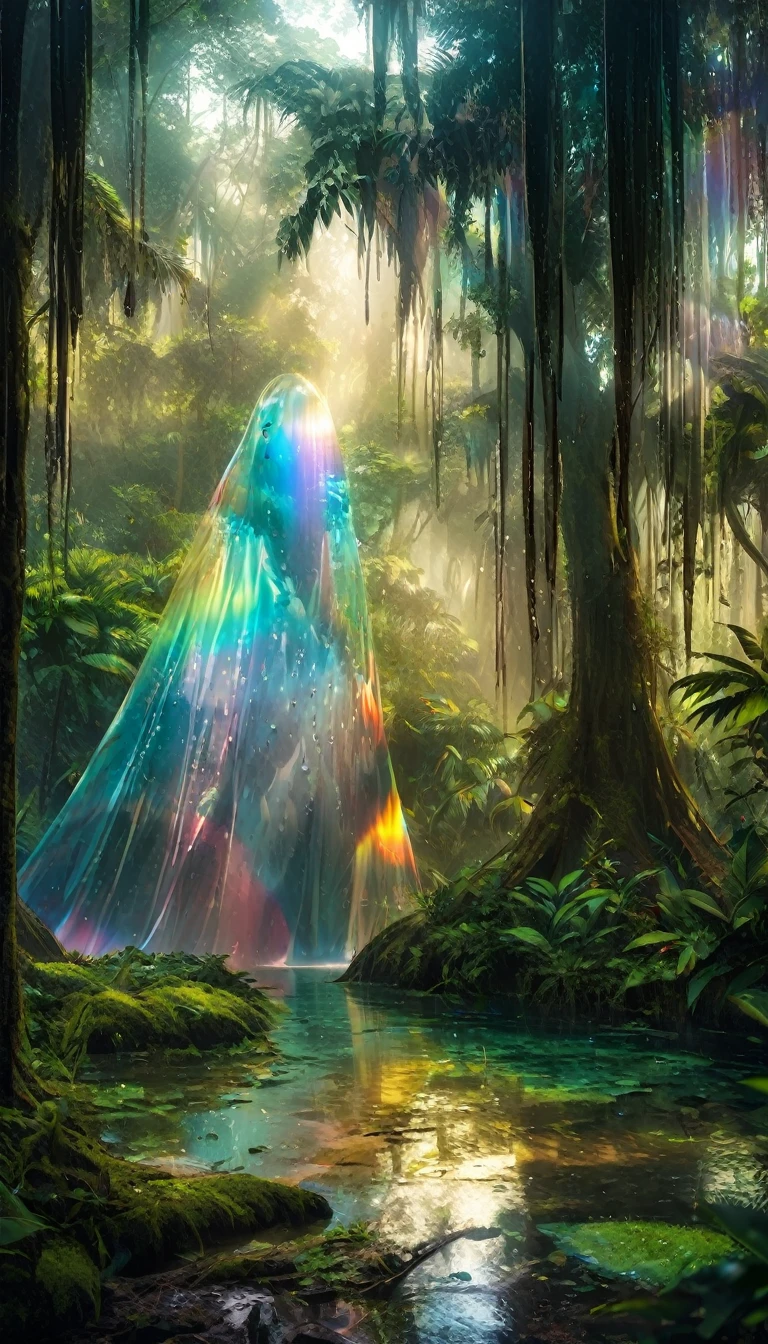 Jungle adventure, Dense foliage, swamp, Water Drop, Sunlight through the trees, Transparent translucent rainbow alien (hiding in trees), Transparent translucent rainbow alien (Disguised as trees), Keep an eye on us, Fantasy Art