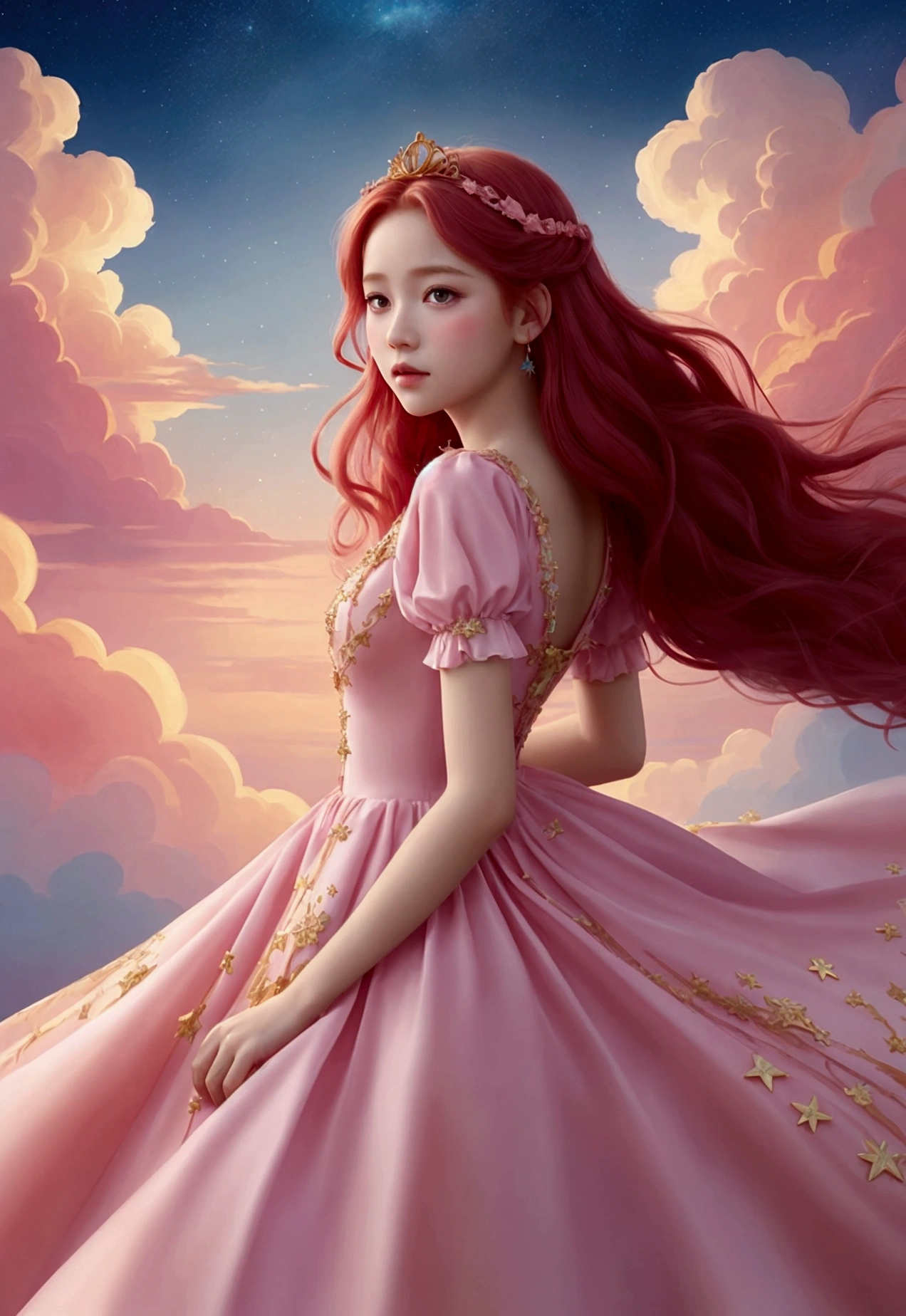 Illustrates a princess with long, wind-curled red hair, a dress with a  pink color palette., similar to the cerulean sky, and adorned with golden stars and clouds that evoke a dreamlike atmosphere.