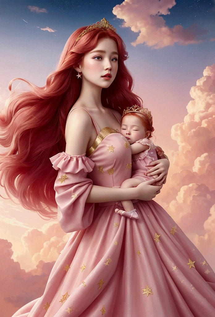 Illustrates a princess with long, wind-curled red hair, a dress with a baby pink color palette., similar to the cerulean sky, and adorned with golden stars and clouds that evoke a dreamlike atmosphere.