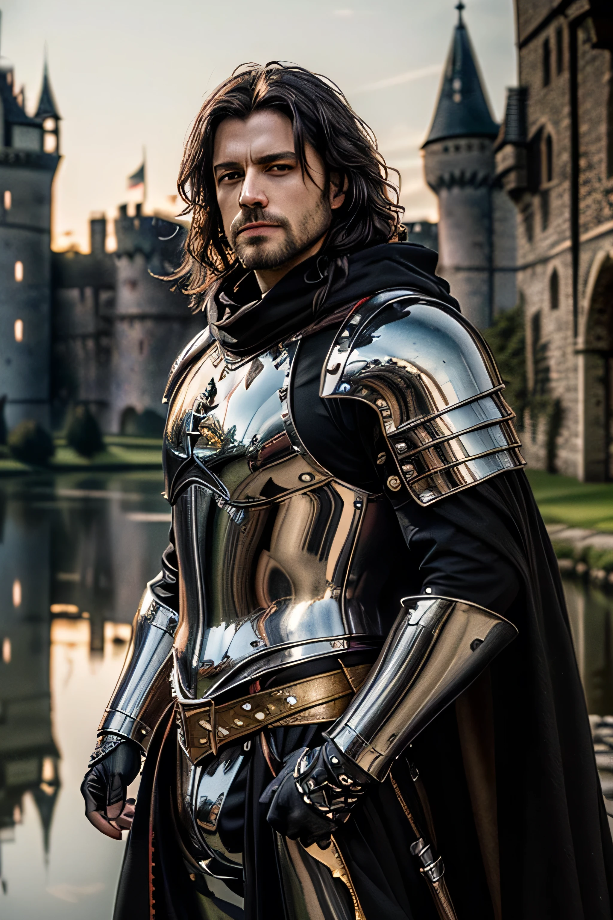 (masterpiece, photorealistic:1.4, extremely intricate:1.3), (photon mapping, radiosity, physically based rendering, ultra resolution, hyper-realistic, photorealistic:1.4, hyper-realistic, 8K), muscular man, ((black chrome late renaissance armor:1.4, chrome rivets (torso photograph), breastplate, black cloak), showing off his bulge, water reflections, gold etching, outdoors, medieval battlefield, sunrise, far away castle, (moat, glossblack hair, dynamic pose), sharp focus, dramatic, award winning, (film grain, bokeh, interaction)