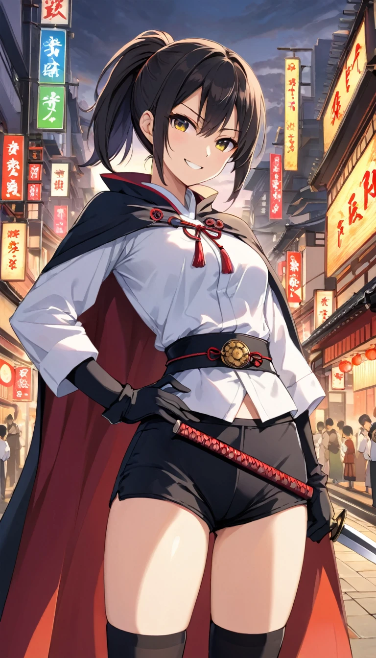 Adult features　Short Ponytail　length, Narrow eyes　smile　Glare　frivolous attitude　Japanese Clothing　White shirt　Black hot pants　Black long gloves　Black knee socks　Keep your hands on your hips　Cape　Japan Hold the sword to your waist　Machine City　Chengguo